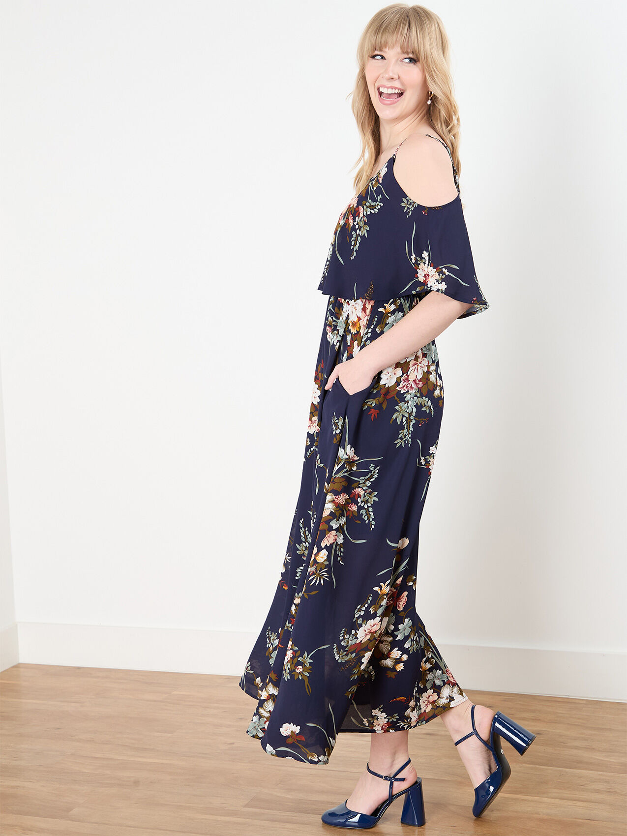 Crepe de Chine Cold Shoulder Maxi Dress