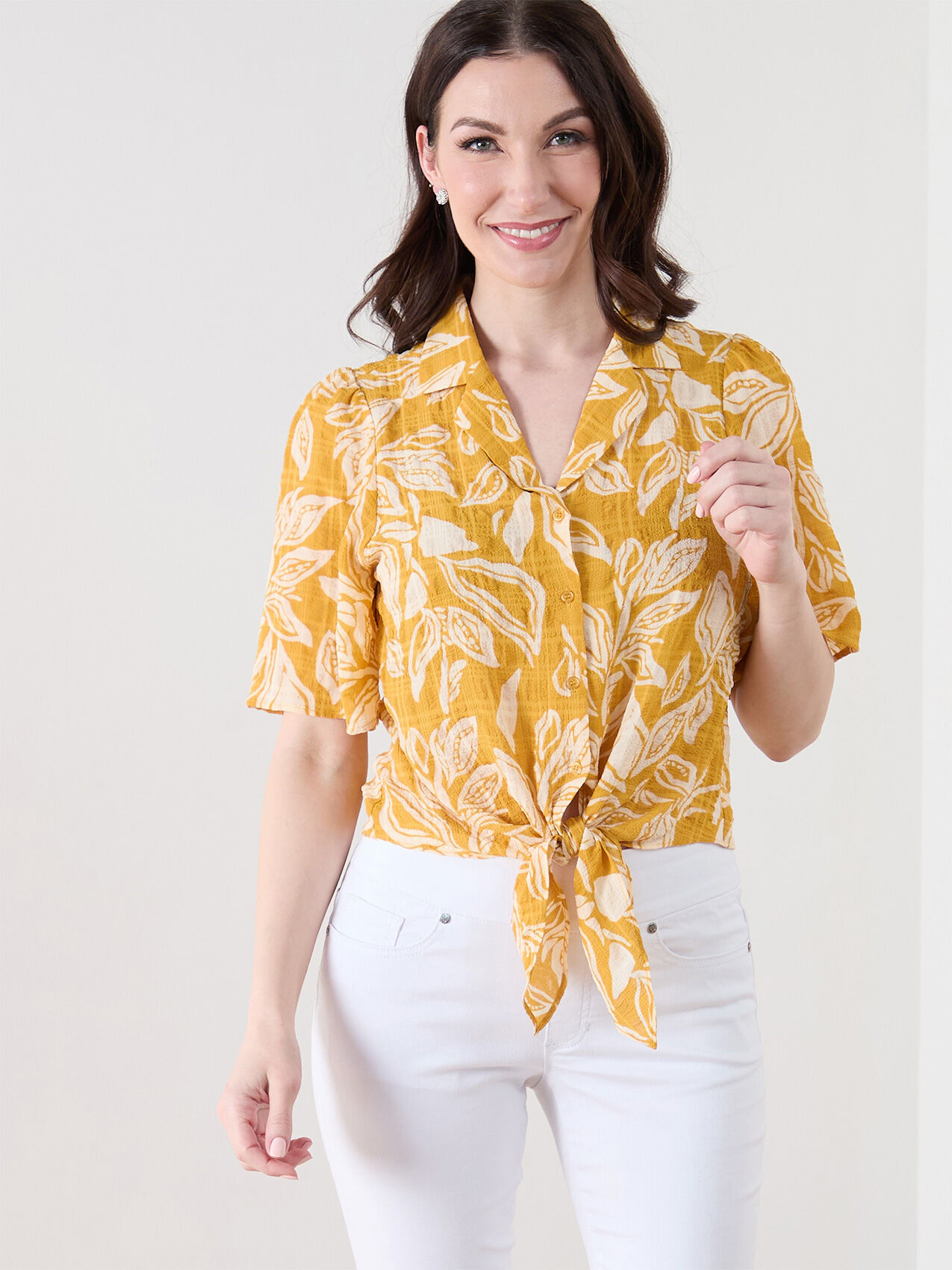 Short Sleeve Seersucker Blouse with Tie Front