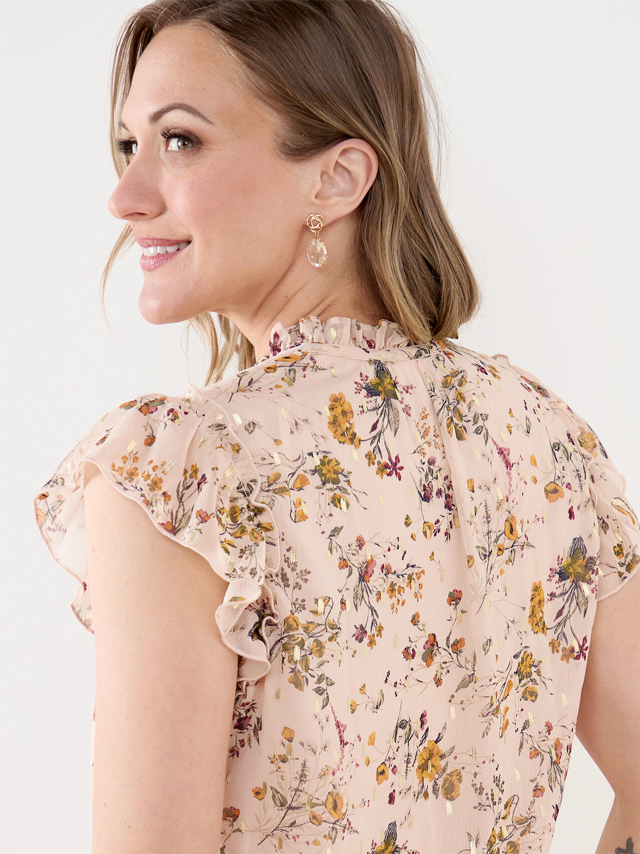 Chiffon Ruffle Sleeve Floral Blouse with Gold Foil