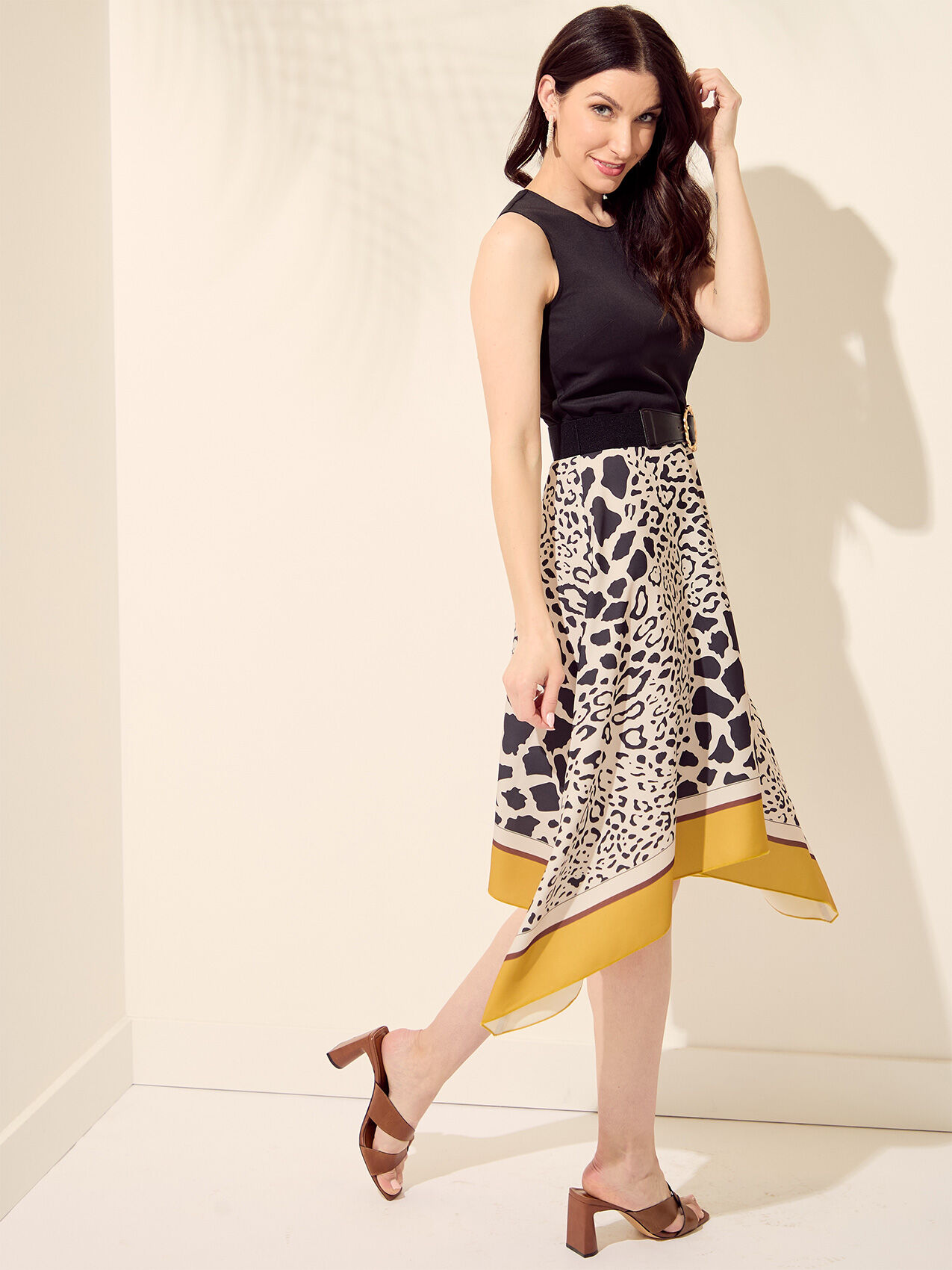 Sleeveless Satin Animal Print Midi Dress