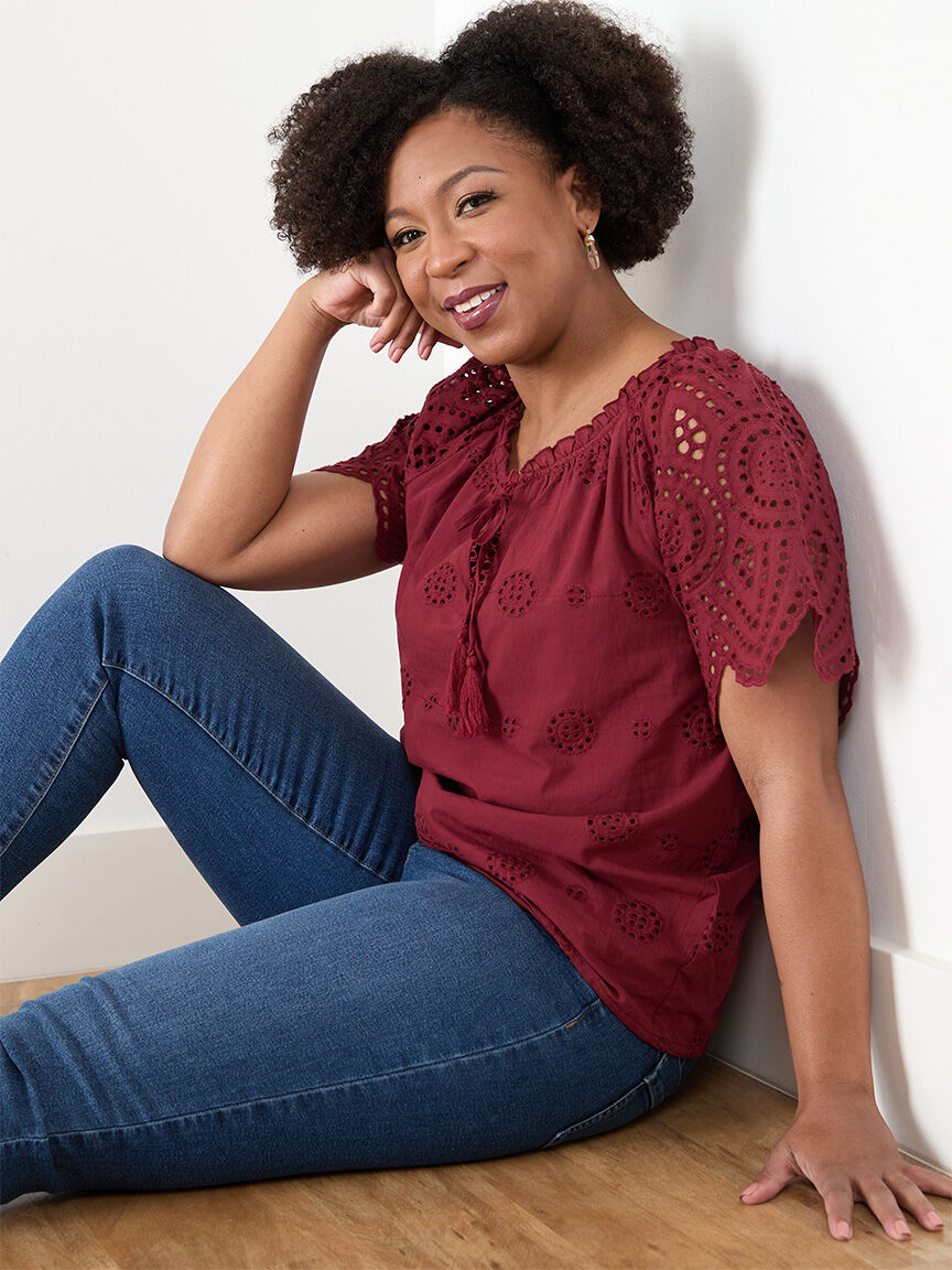 Petite Embroidered Eyelet Blouse