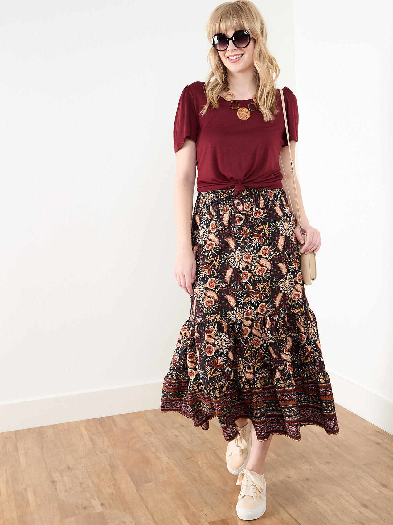 Gauze Button Front Peasant Skirt