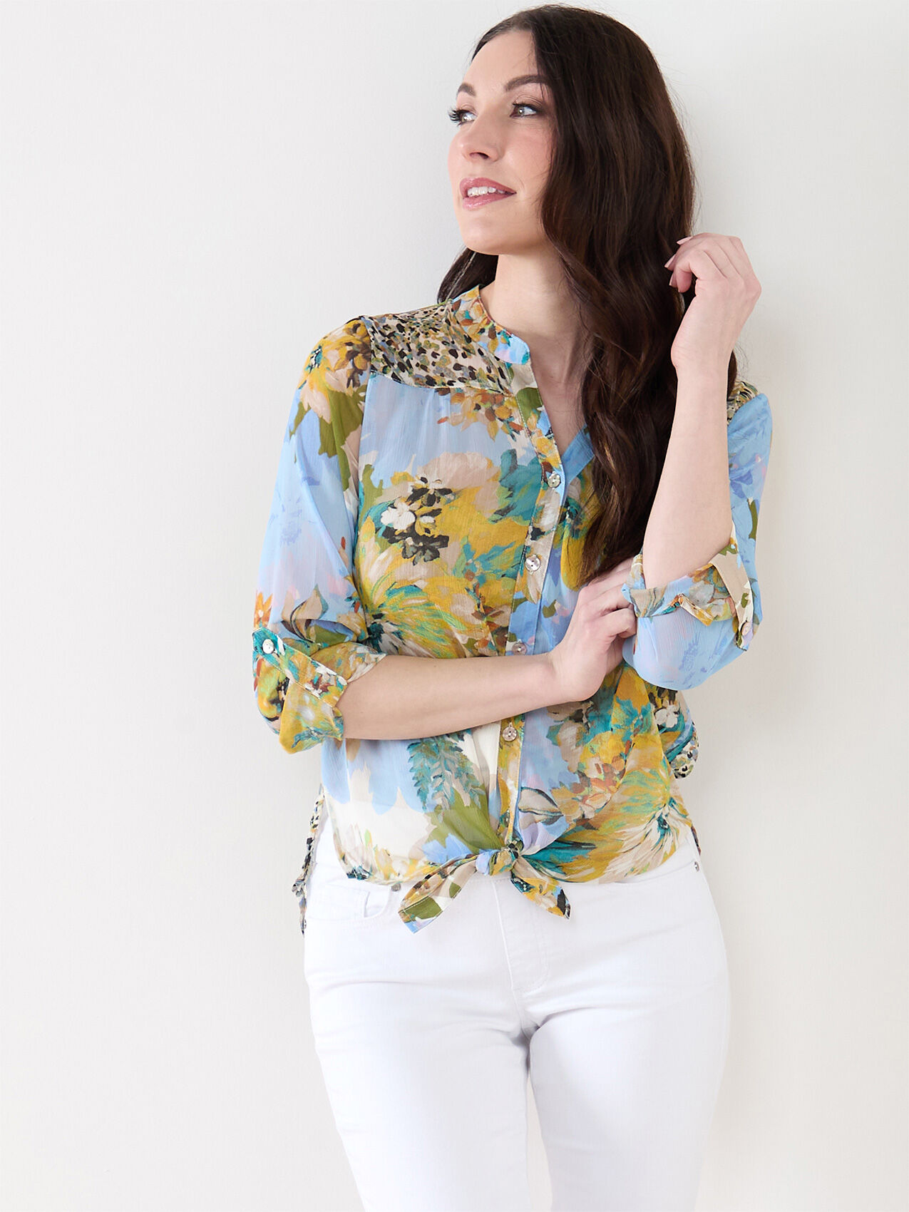 Long Sleeve Chiffon Twin Print Blouse