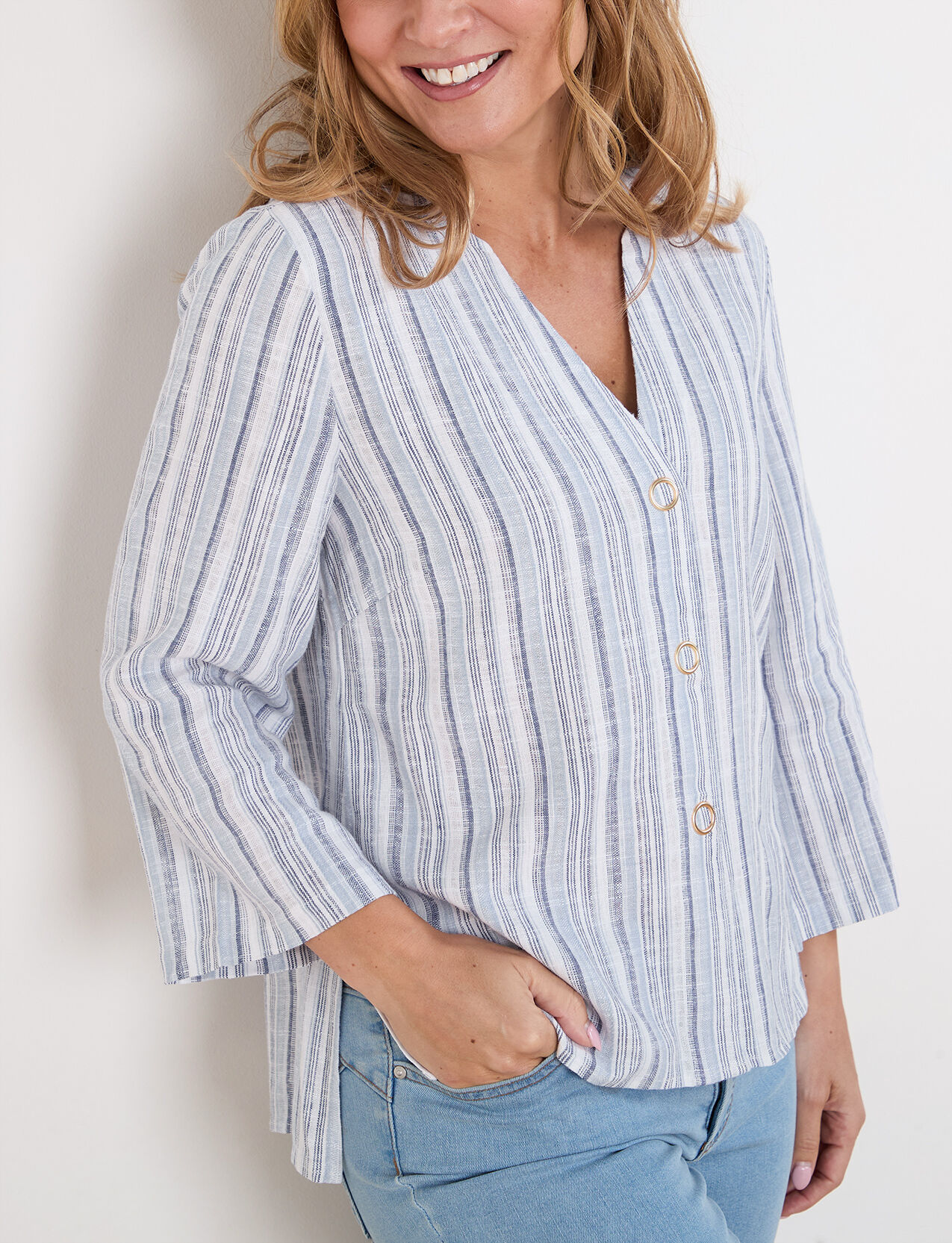 3/4 Bell Sleeve Relaxed Fit Blouse with Ring Snaps