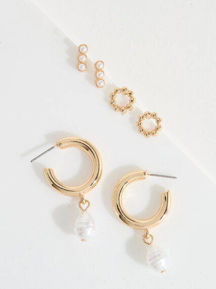 Gold, Pearl Studs & Small Hoop Earring Trio Image 1