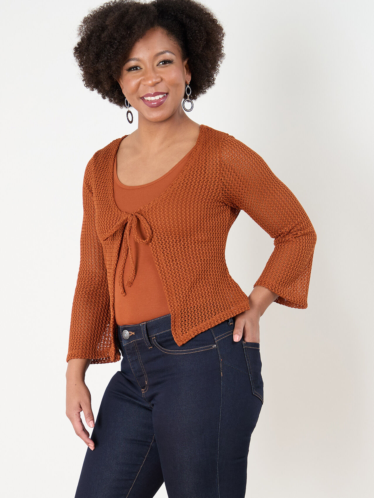 Petite Bell Sleeve Tie Front Crochet Top