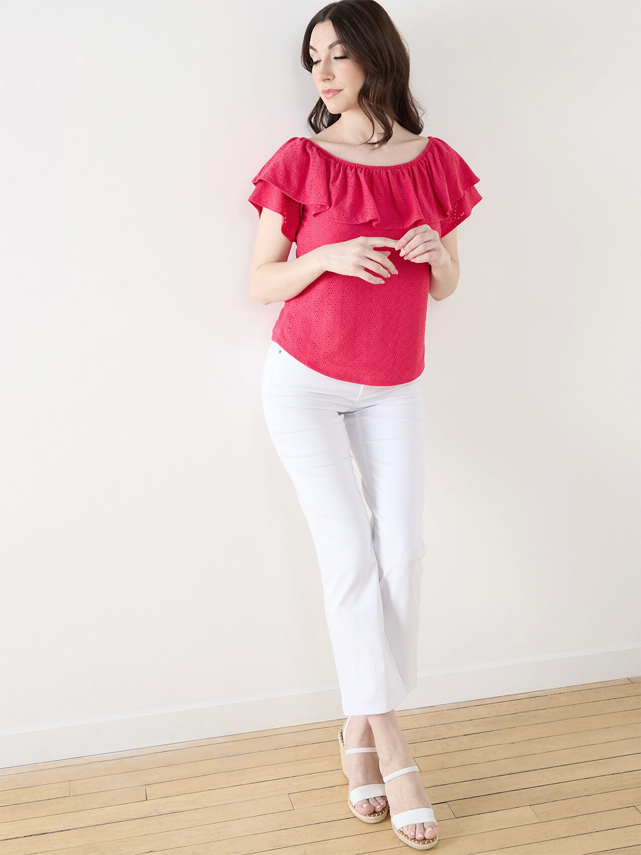 Ruffle Eyelet On/Off Shoulder Top