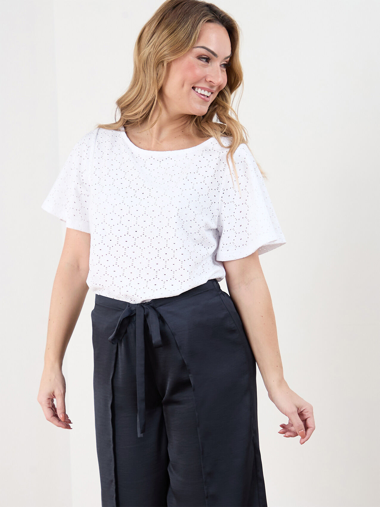 Petite Short Flutter Sleeve Stretch Eyelet Top