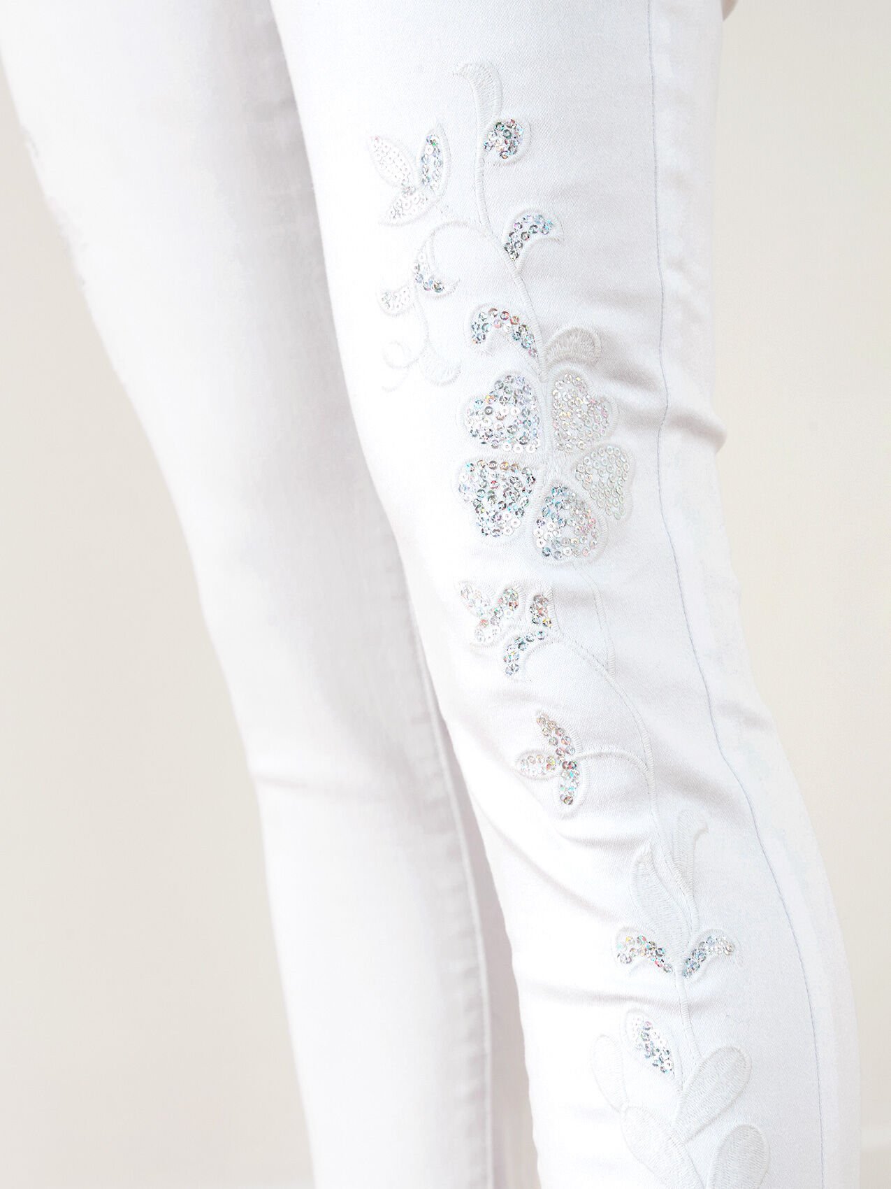 White Crop Jeans with Silver Floral Detail