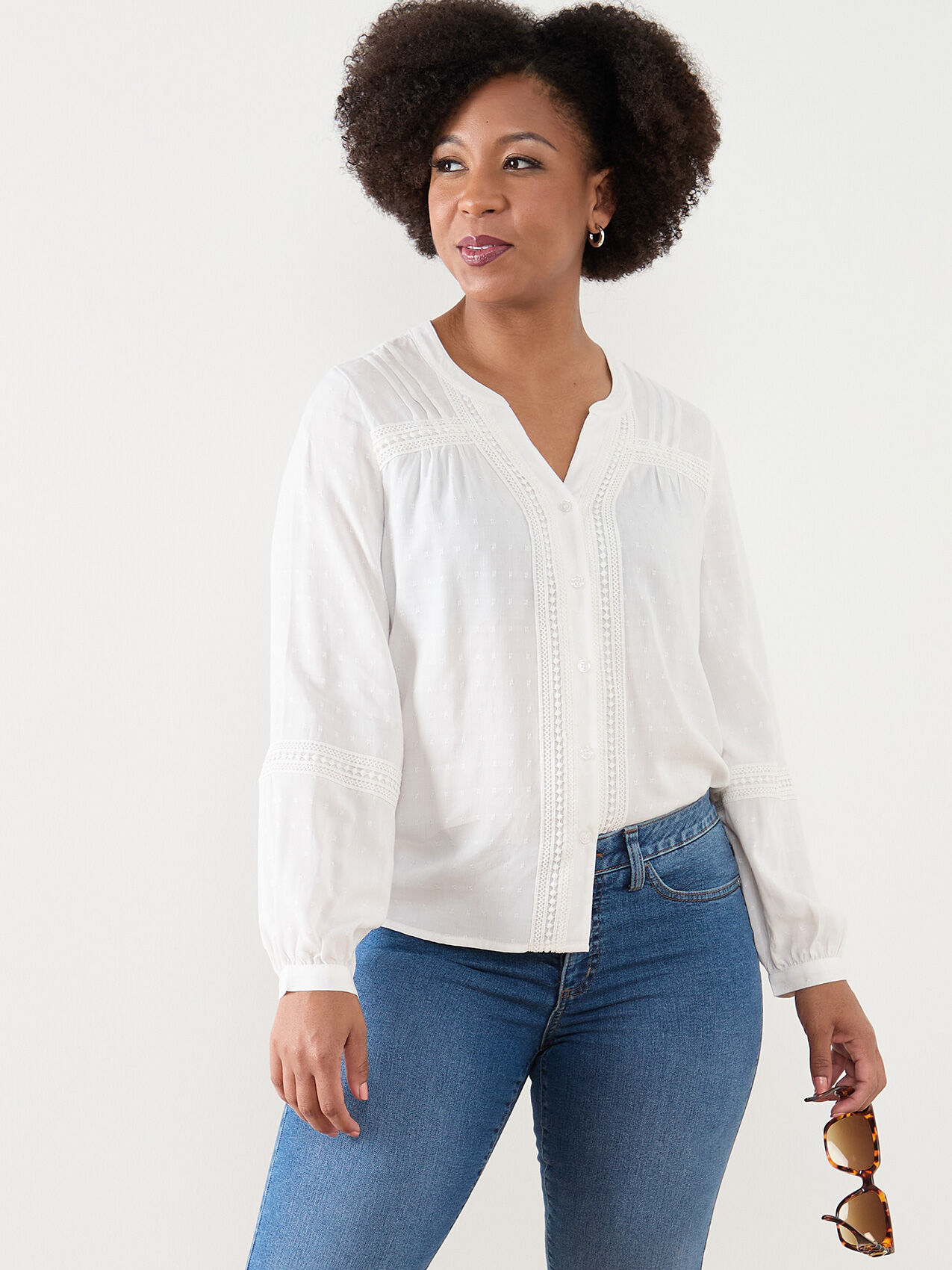 Petite Button Front Blouse with Crochet Insert
