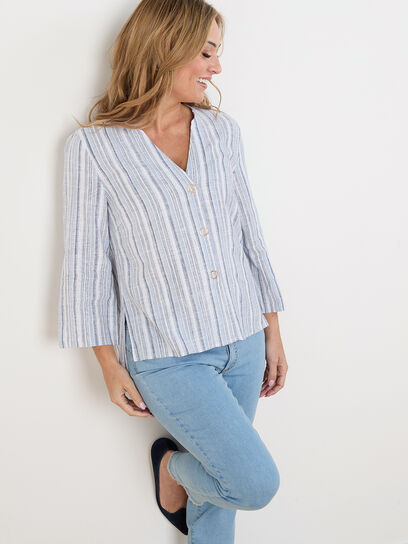 3/4 Bell Sleeve Relaxed Fit Blouse with Ring Snaps
