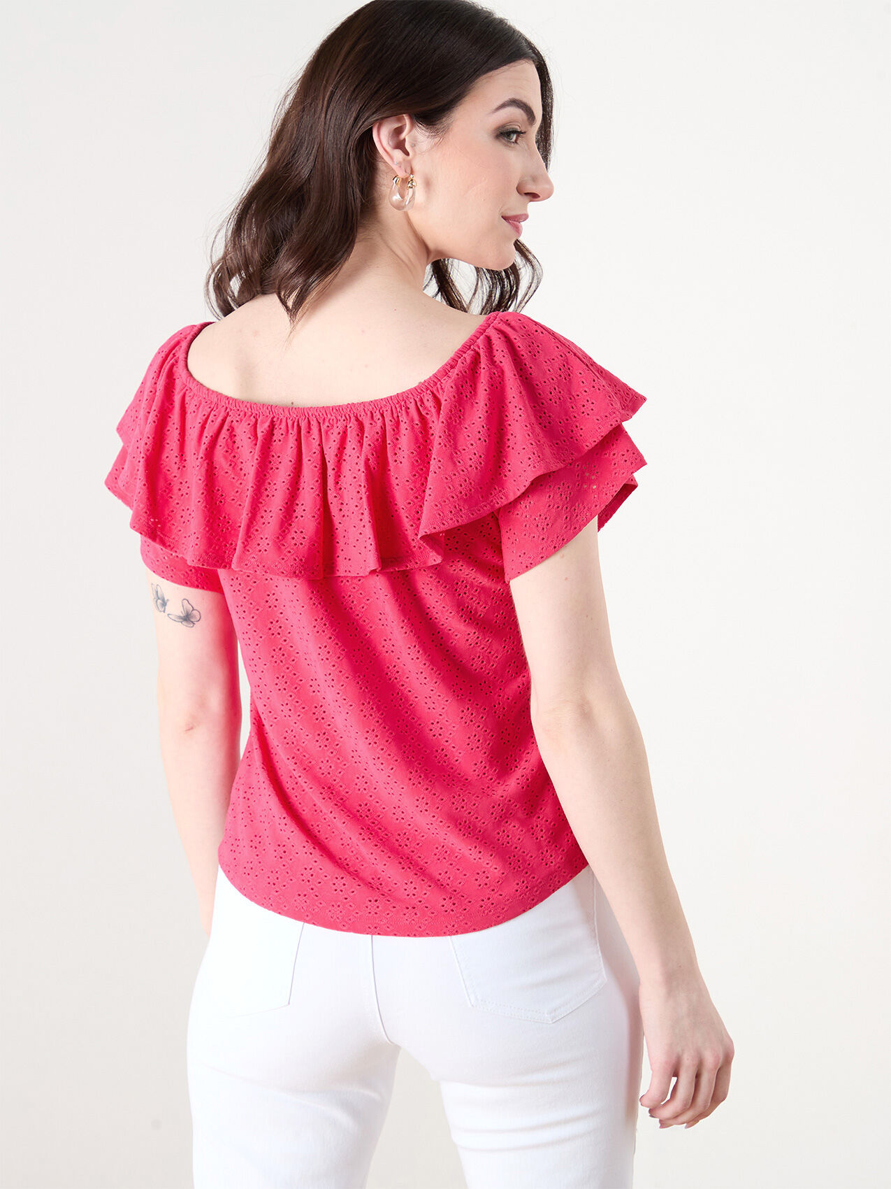 Ruffle Eyelet On/Off Shoulder Top