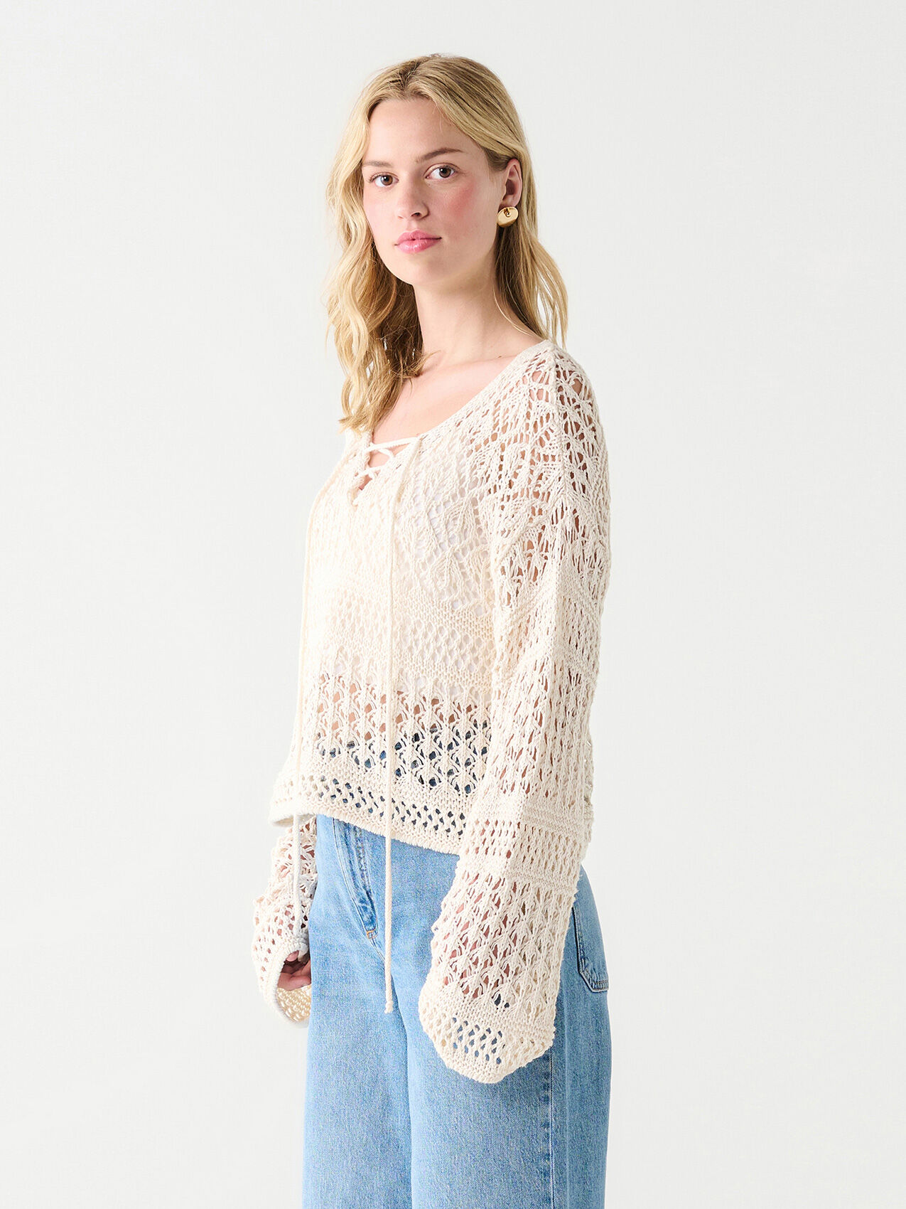 Long Sleeve Lace-Up Crochet Sweater by Dex