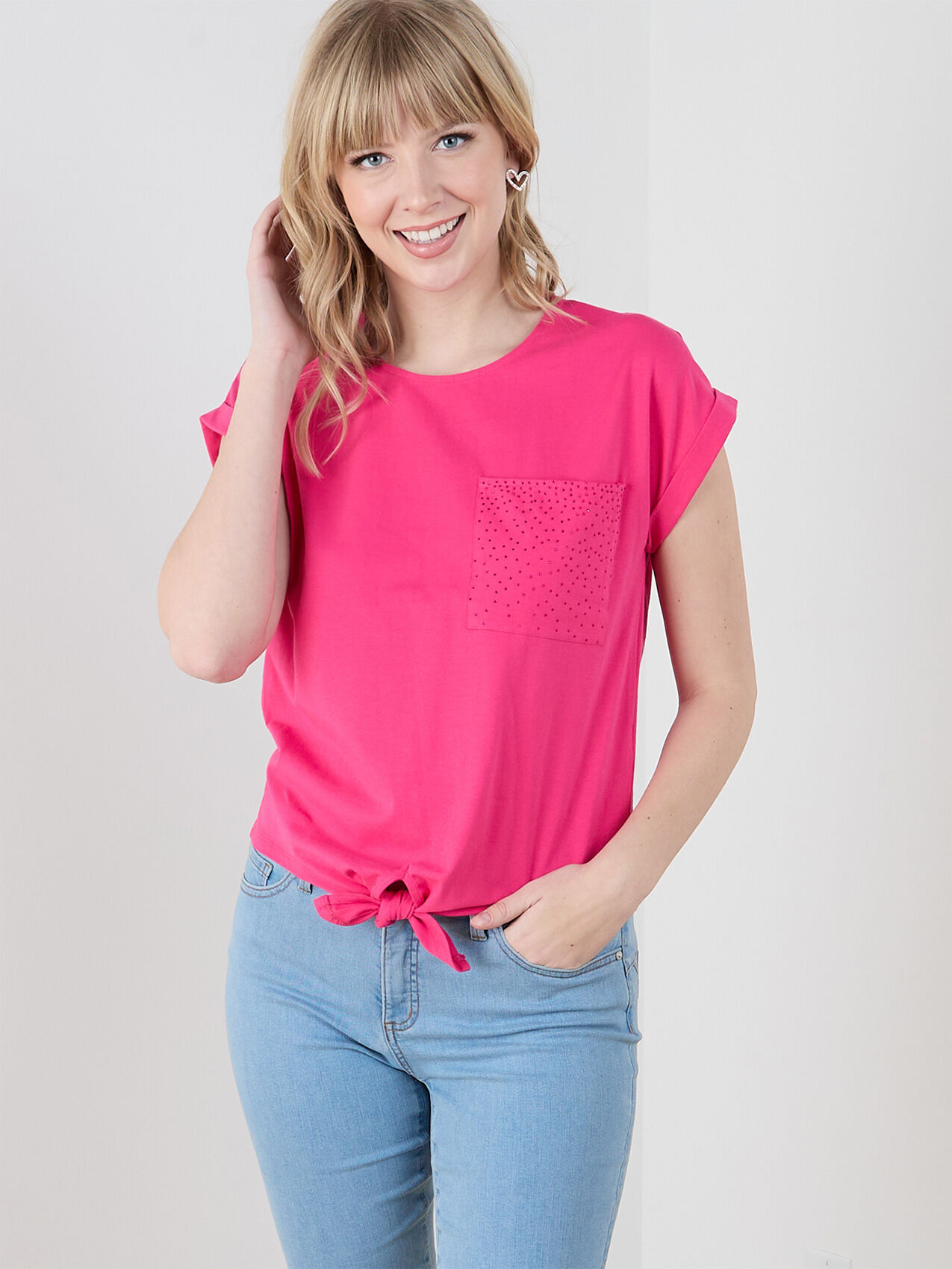 Tie Front Top with Bejeweled Pocket Detail by GG Collection