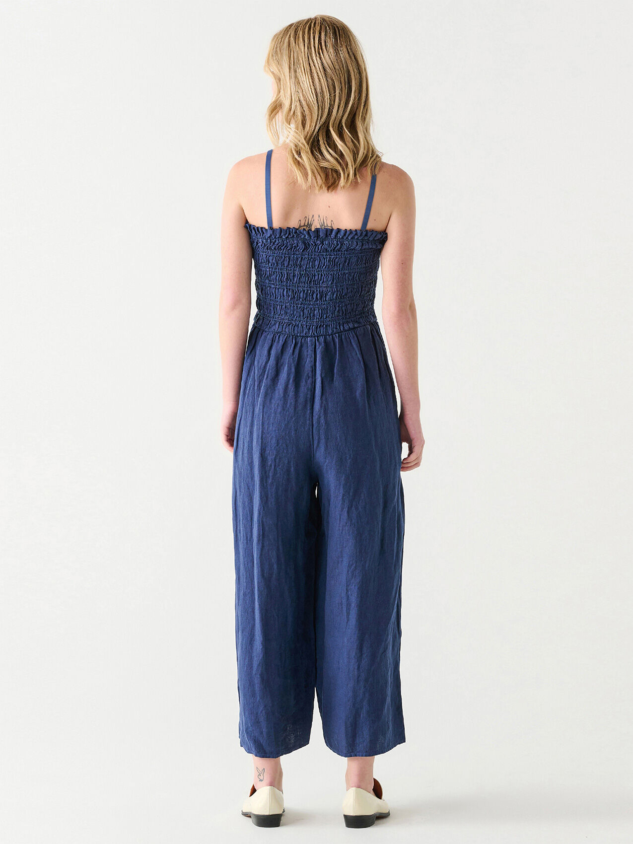 Sleeveless Linen-Blend Smocked Jumpsuit