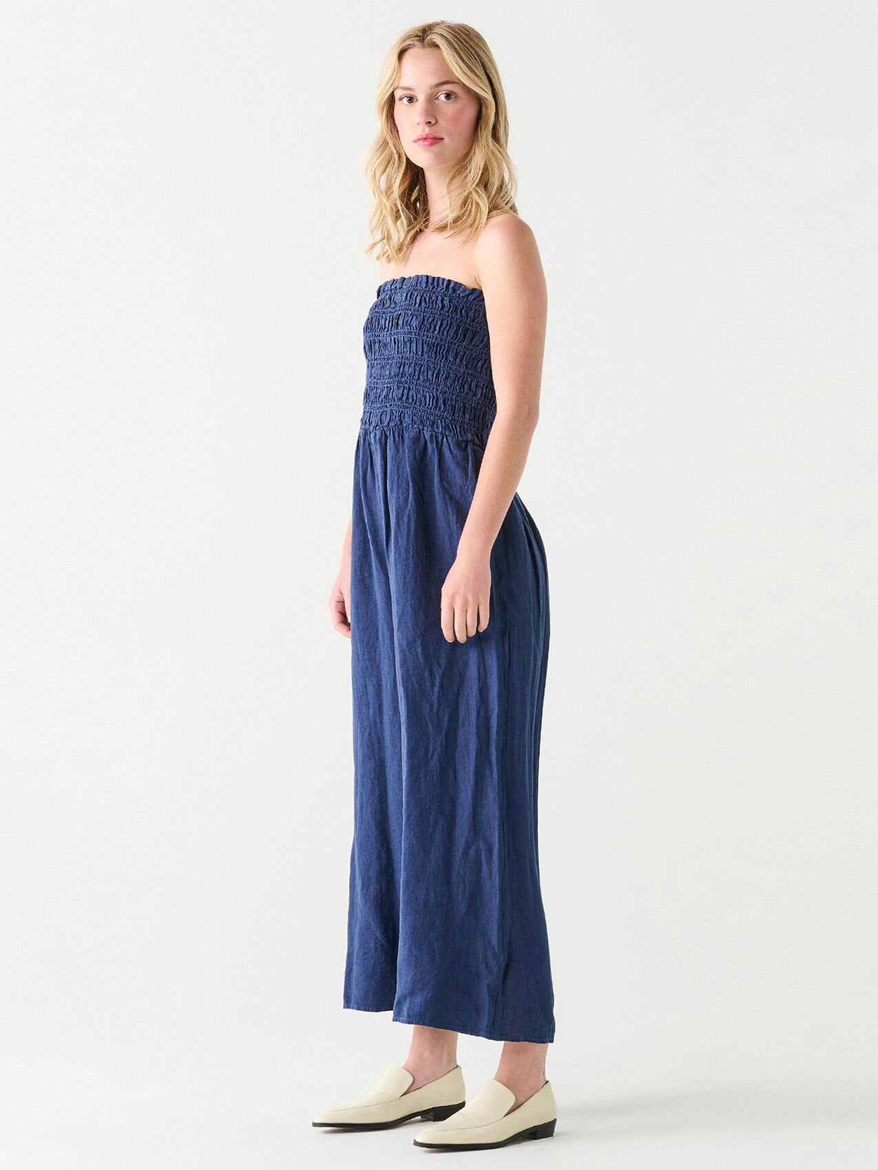 Sleeveless Linen-Blend Smocked Jumpsuit