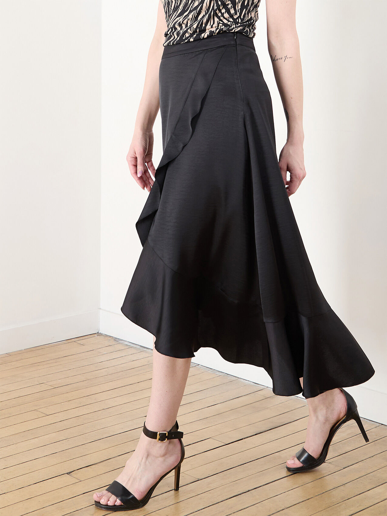 Satin Air Flow Ruffle Wrap Skirt