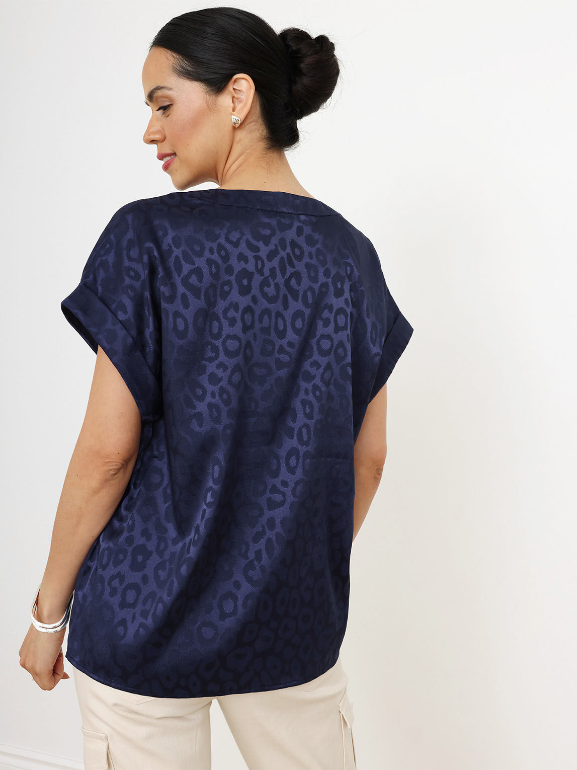 Satin Short Sleeve Leopard Print Blouse