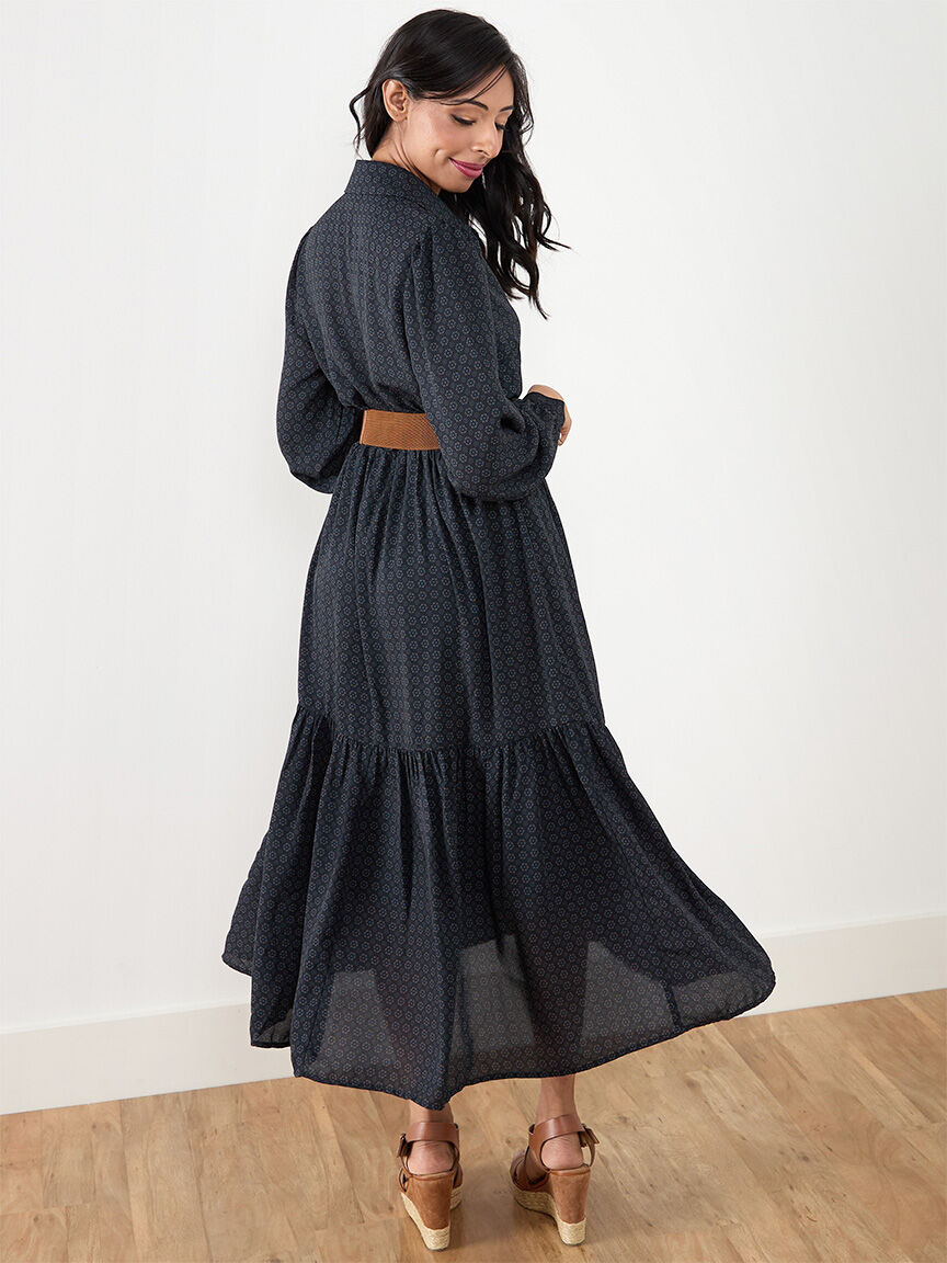 Petite Long Sleeve Tiered Midi Dress with Belt