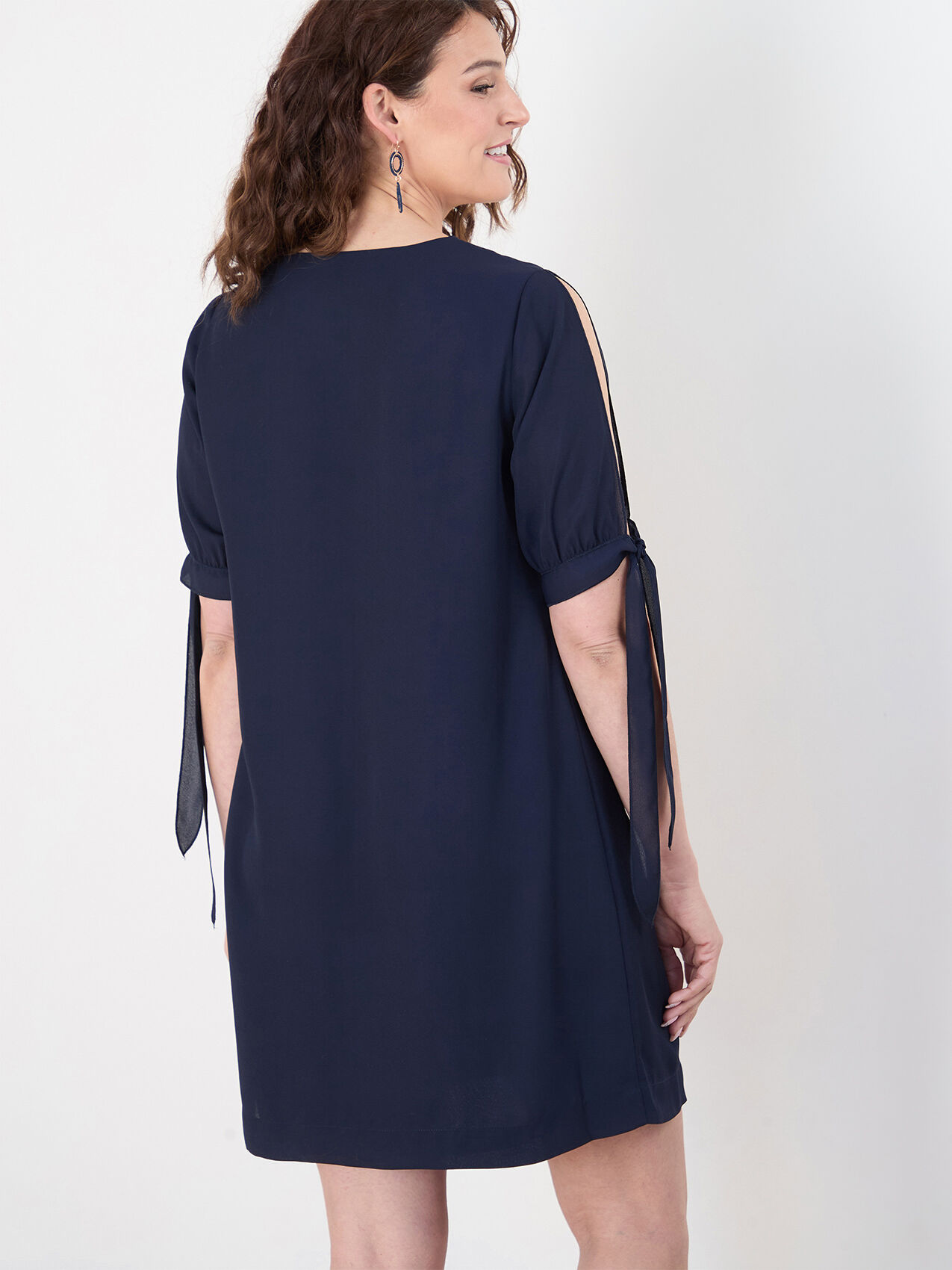 Crepe de Chine Knee-Length Dress with Tie Sleeves