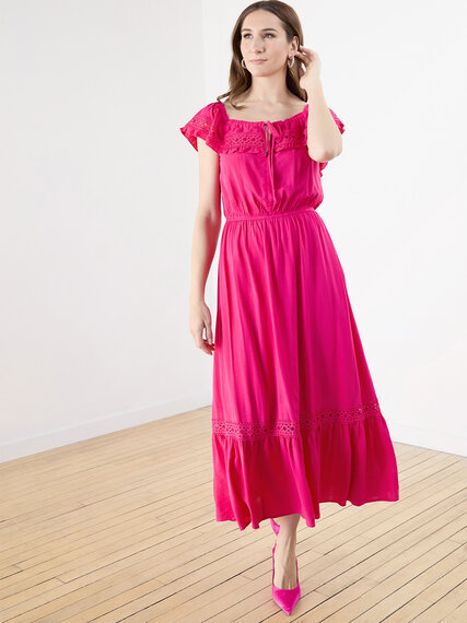 Textured Maxi Dress with Crochet Lace Insert Image 1