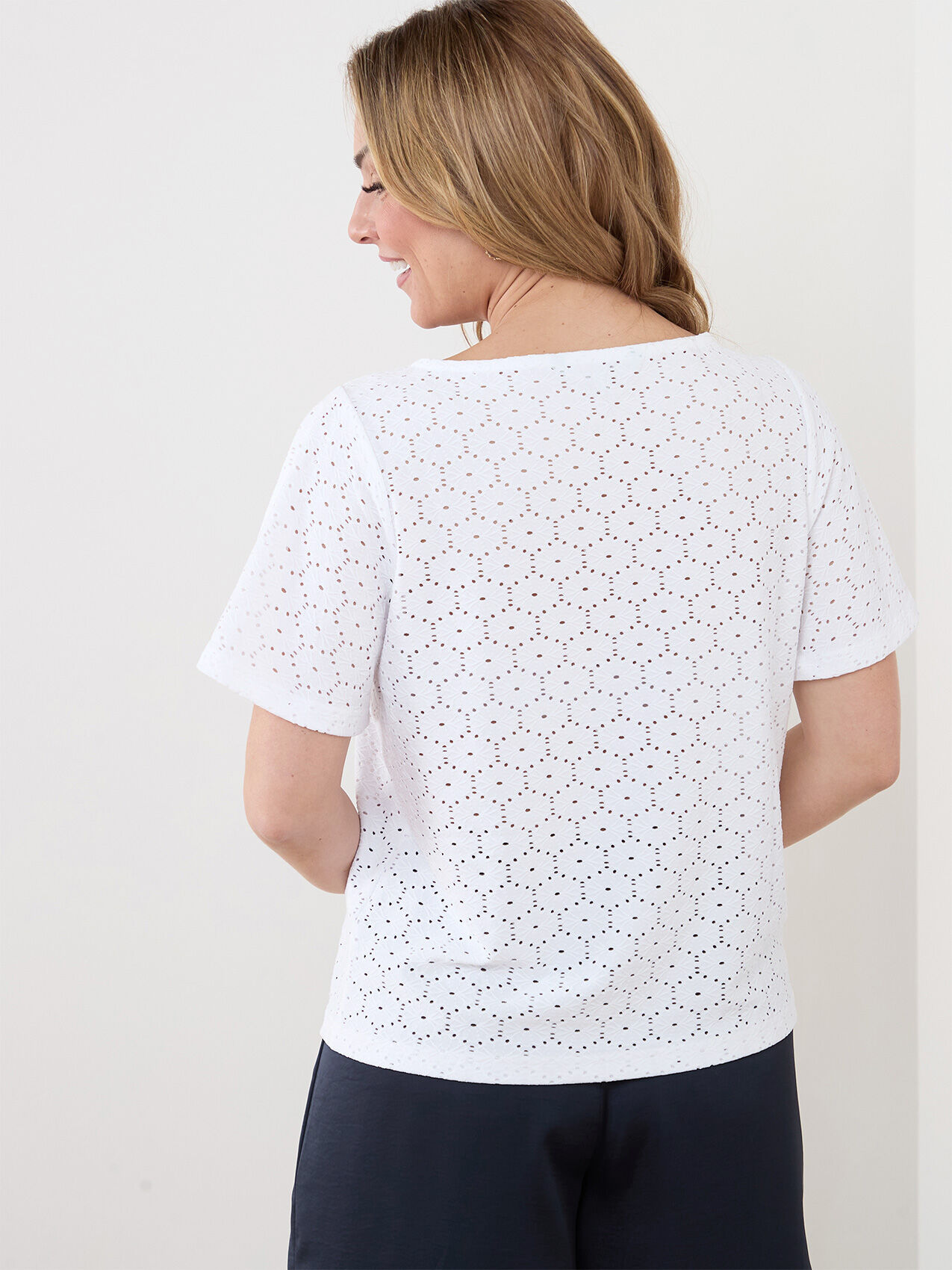 Petite Short Flutter Sleeve Stretch Eyelet Top