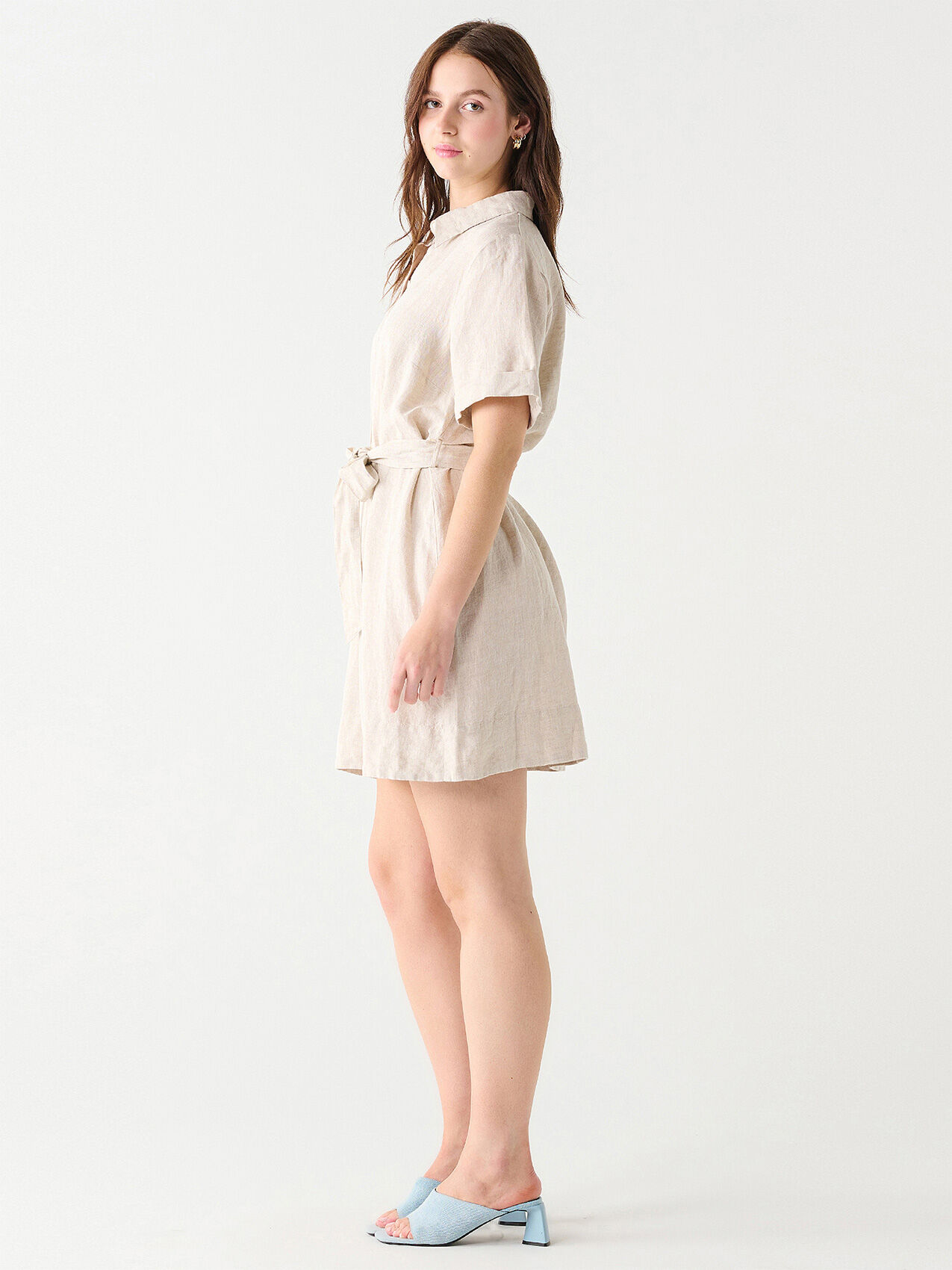 Linen Blend Belted Shirt Mini Dress