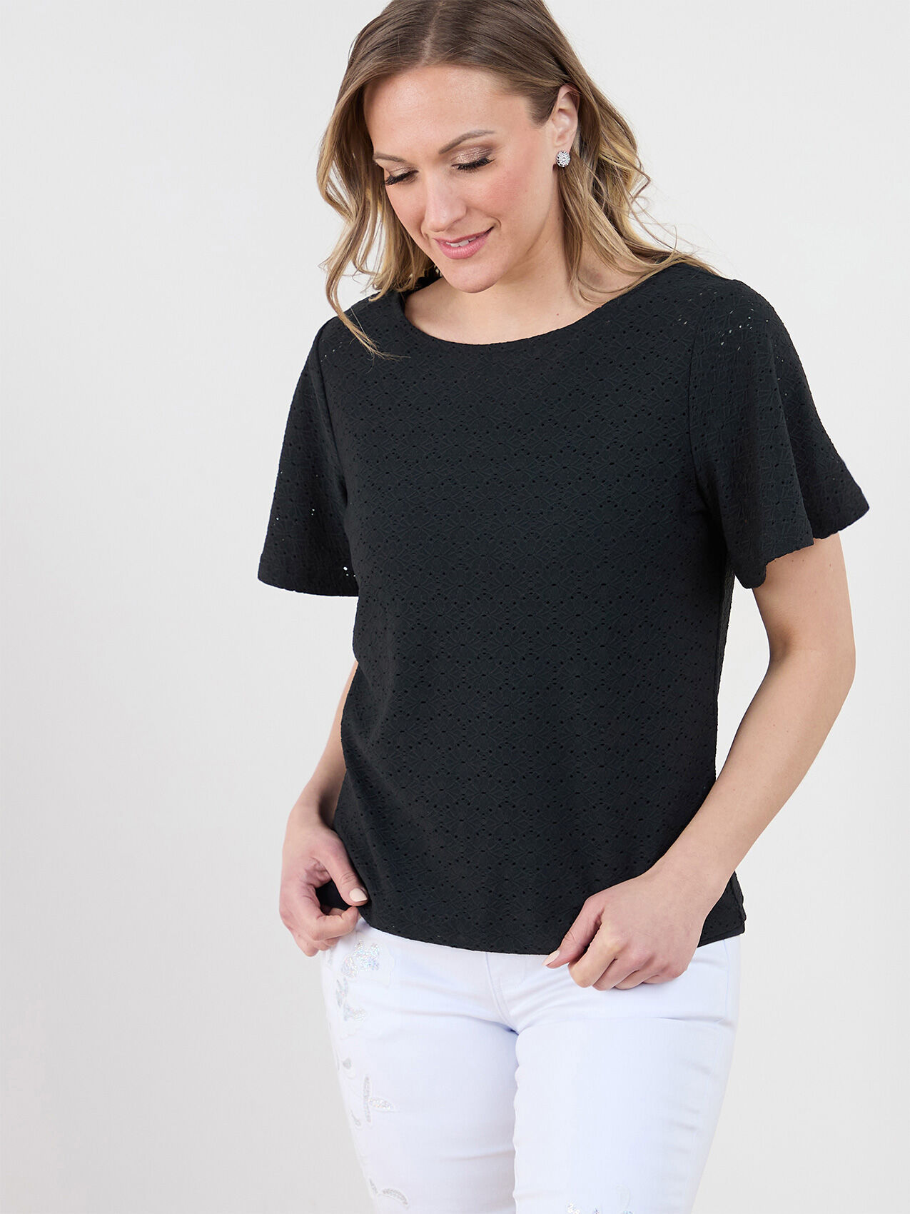 Short Flutter Sleeve Stretch Eyelet Top