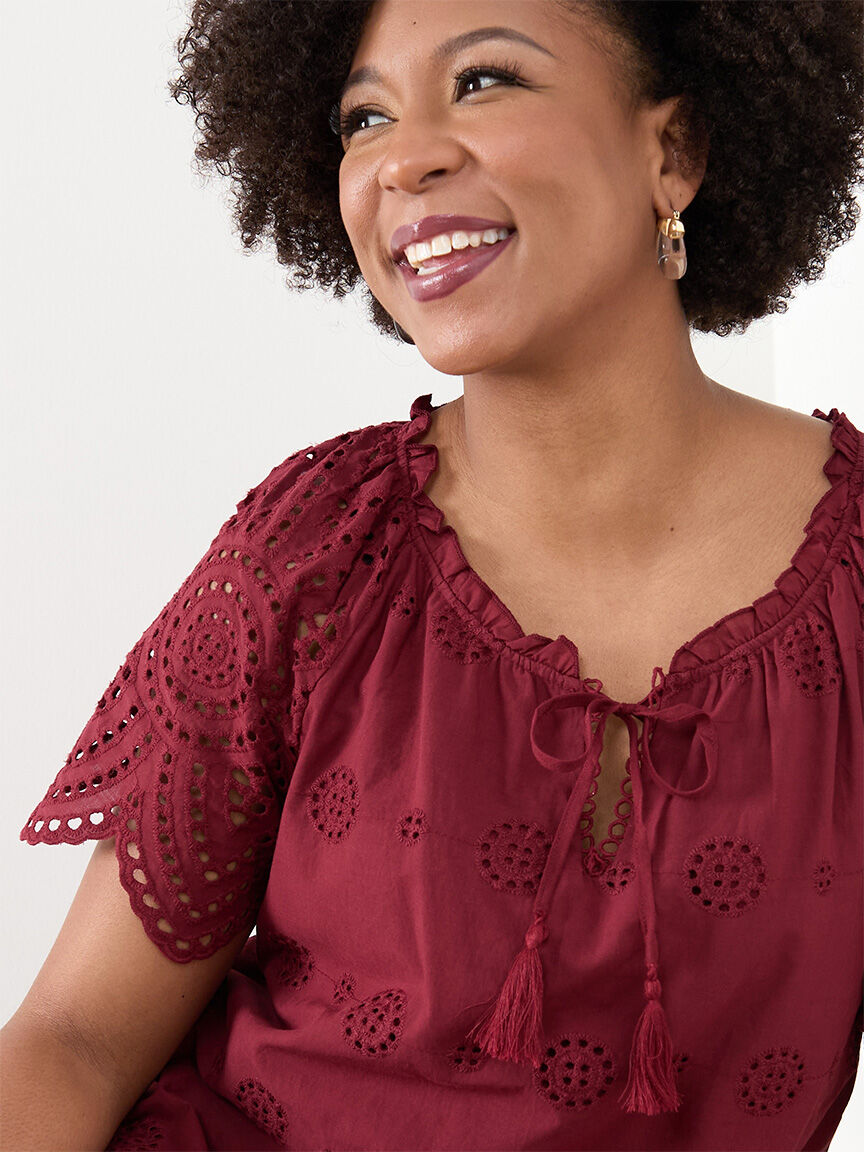 Petite Embroidered Eyelet Blouse