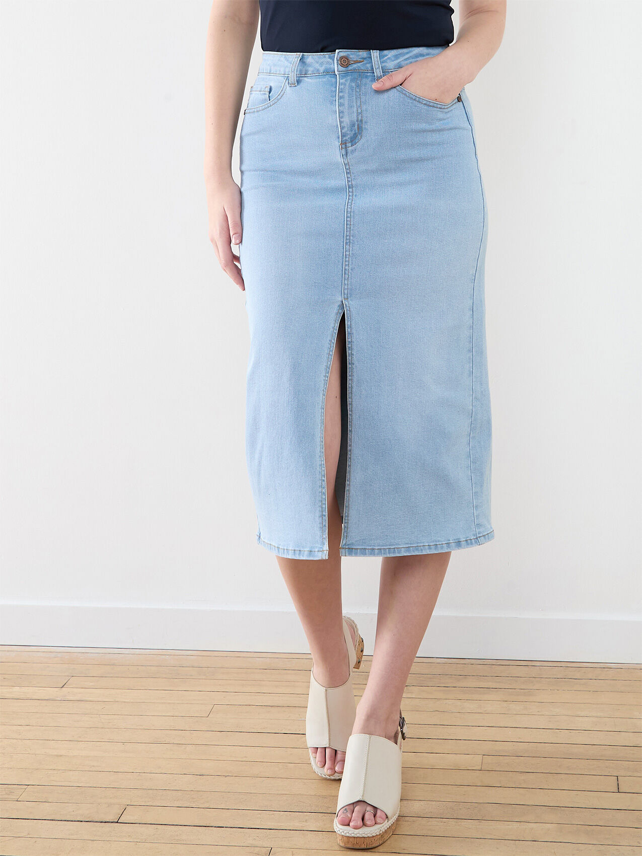 Mid Length Denim Skirt with Front Slit