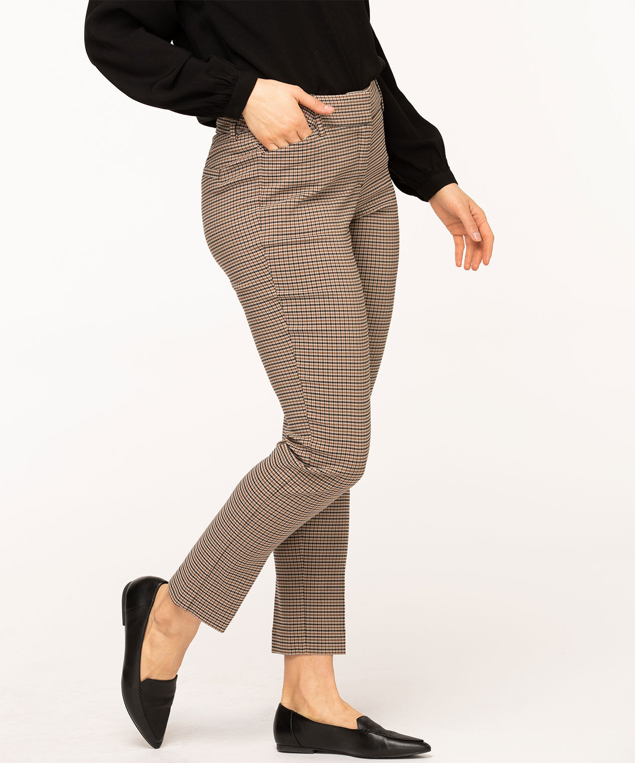 Brown Mini-Plaid Slim Leg Pant