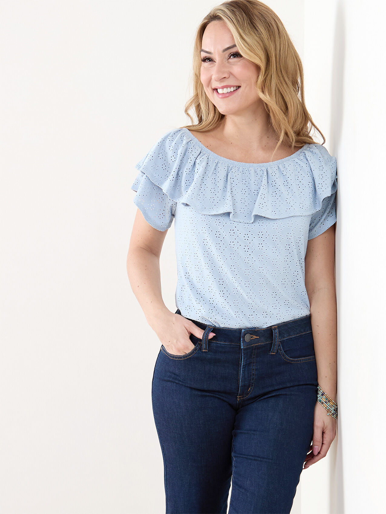 Petite Ruffle Eyelet On/Off Shoulder Top