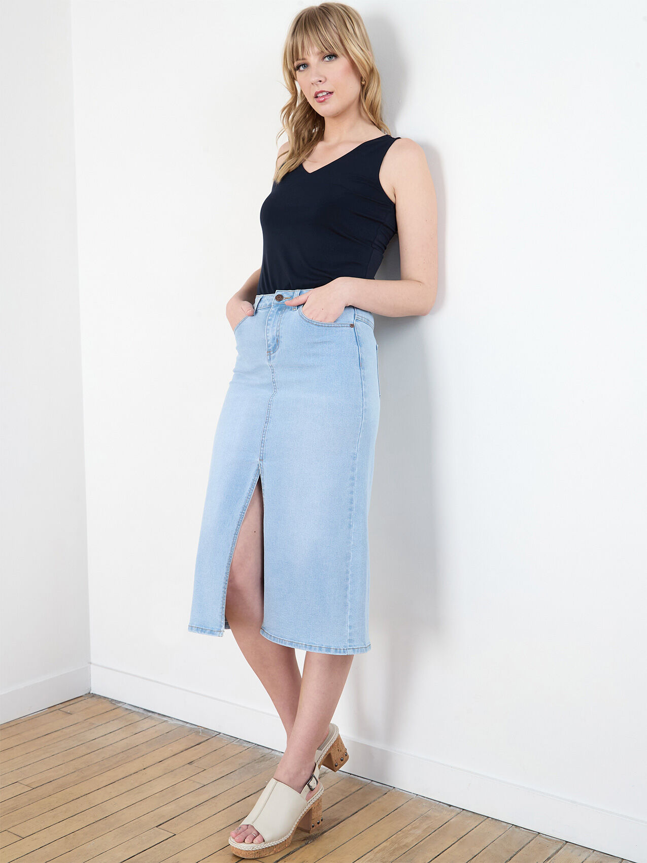 Mid Length Denim Skirt with Front Slit | Cleo | 4000009786