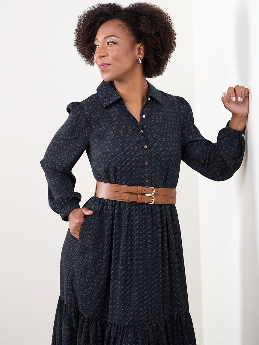 Petite Long Sleeve Tiered Midi Dress with Belt