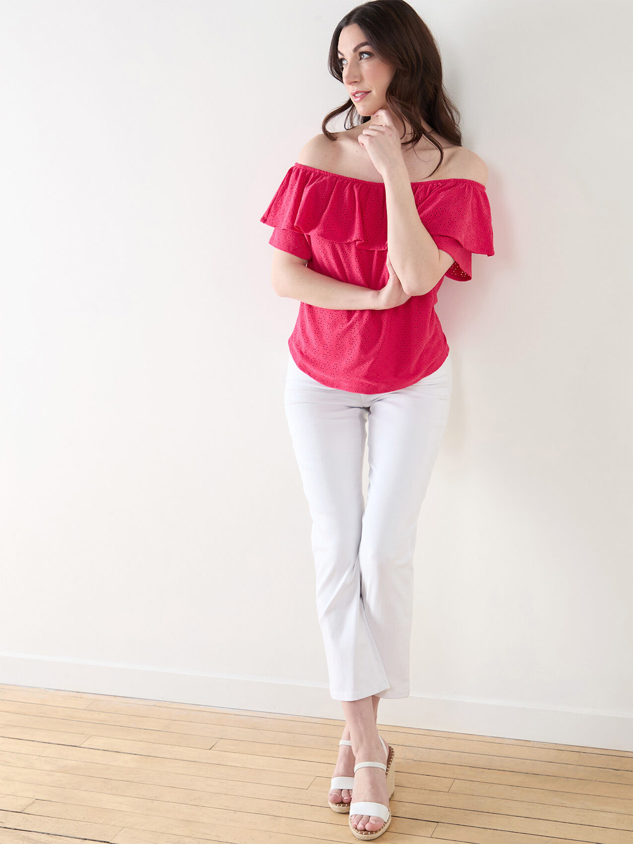 Ruffle Eyelet On/Off Shoulder Top