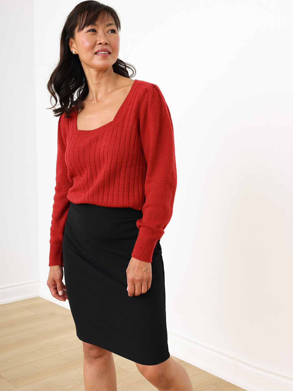 Petite Square Neck Pullover with Puff Shoulders