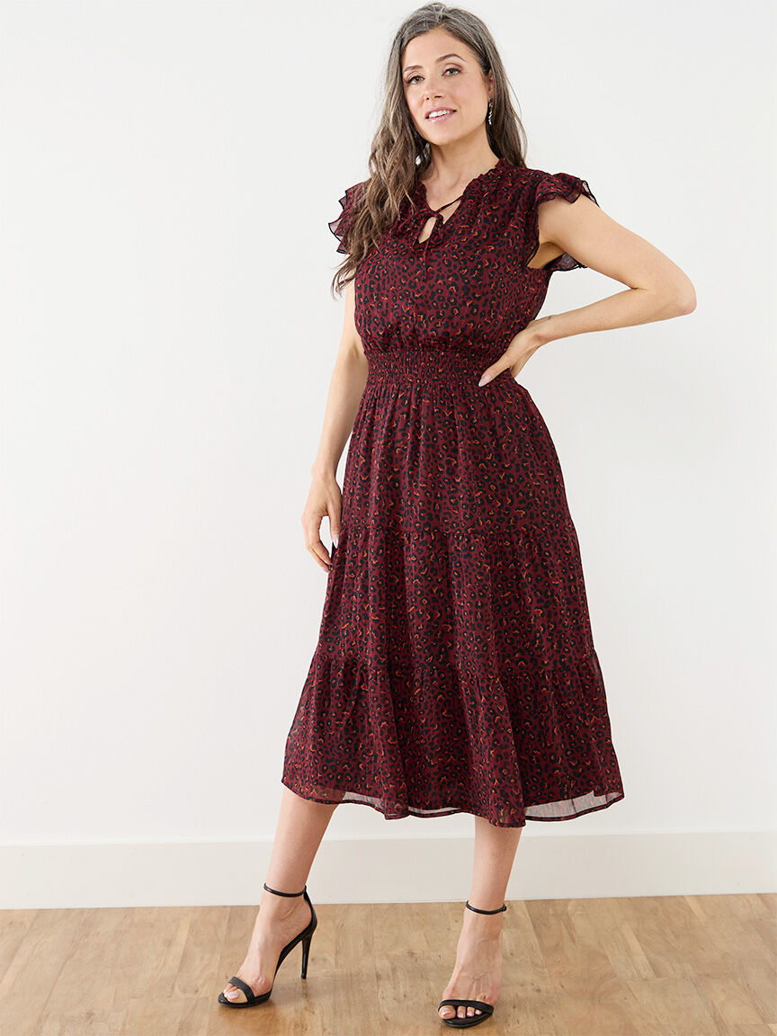 Chiffon Flutter Sleeve Midi-Length Dress