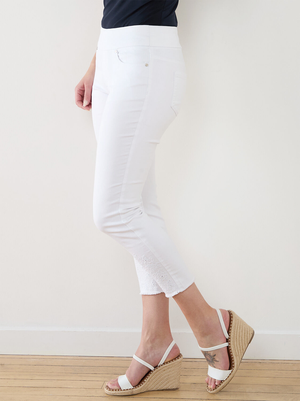 White Embroidered Pull-On Crop Jeans