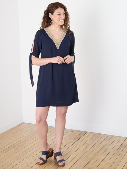 Crepe de Chine Knee-Length Dress with Tie Sleeves Image 1
