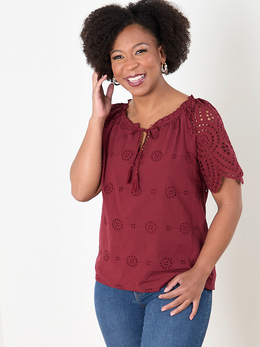 Petite Embroidered Eyelet Blouse