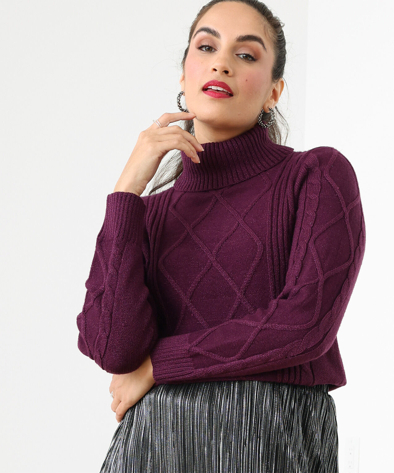 Shimmery Cable Knit Turtleneck Sweater