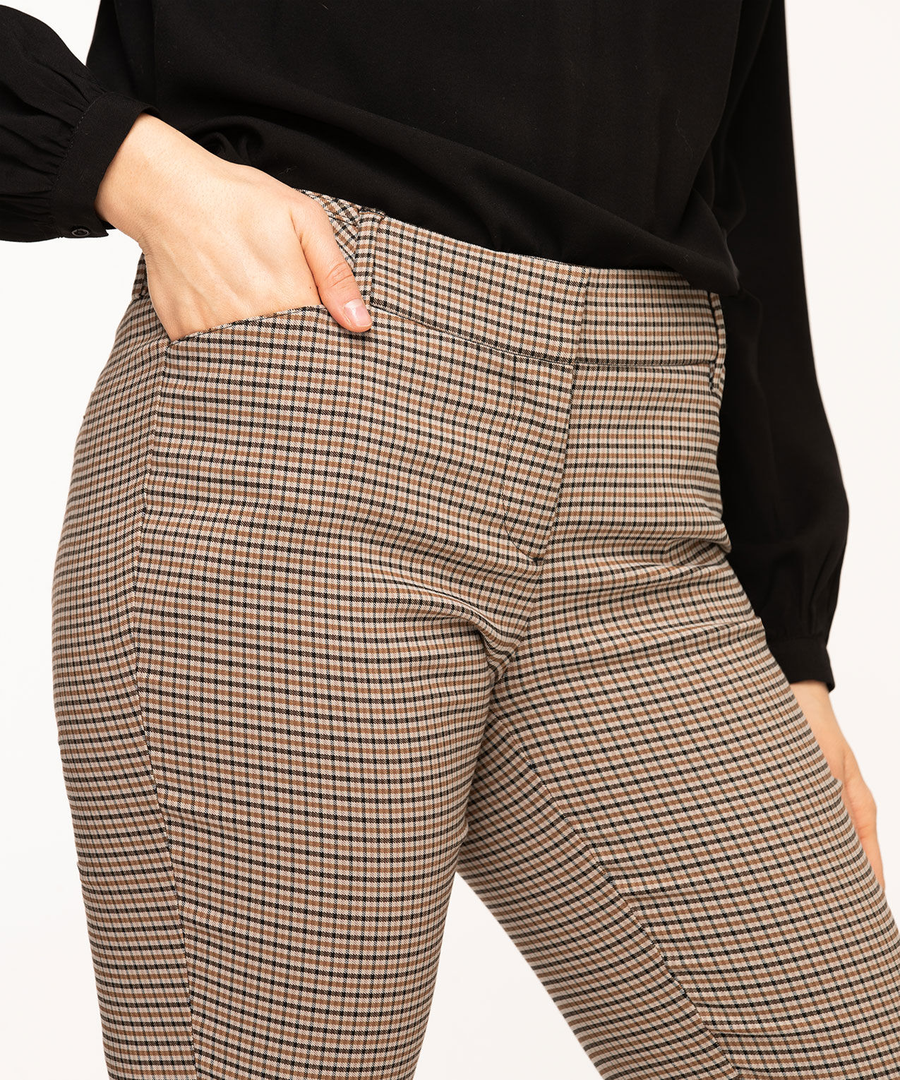 Brown Mini-Plaid Slim Leg Pant