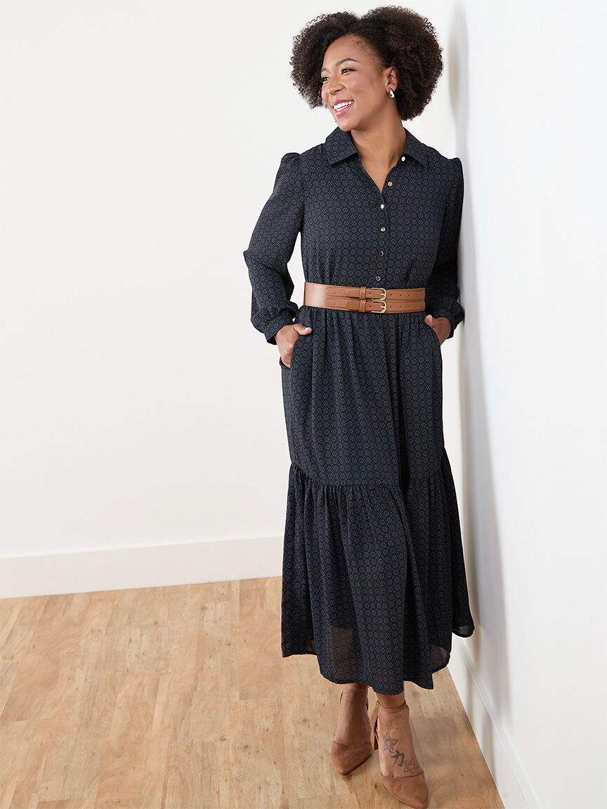 Petite Long Sleeve Tiered Midi Dress with Belt