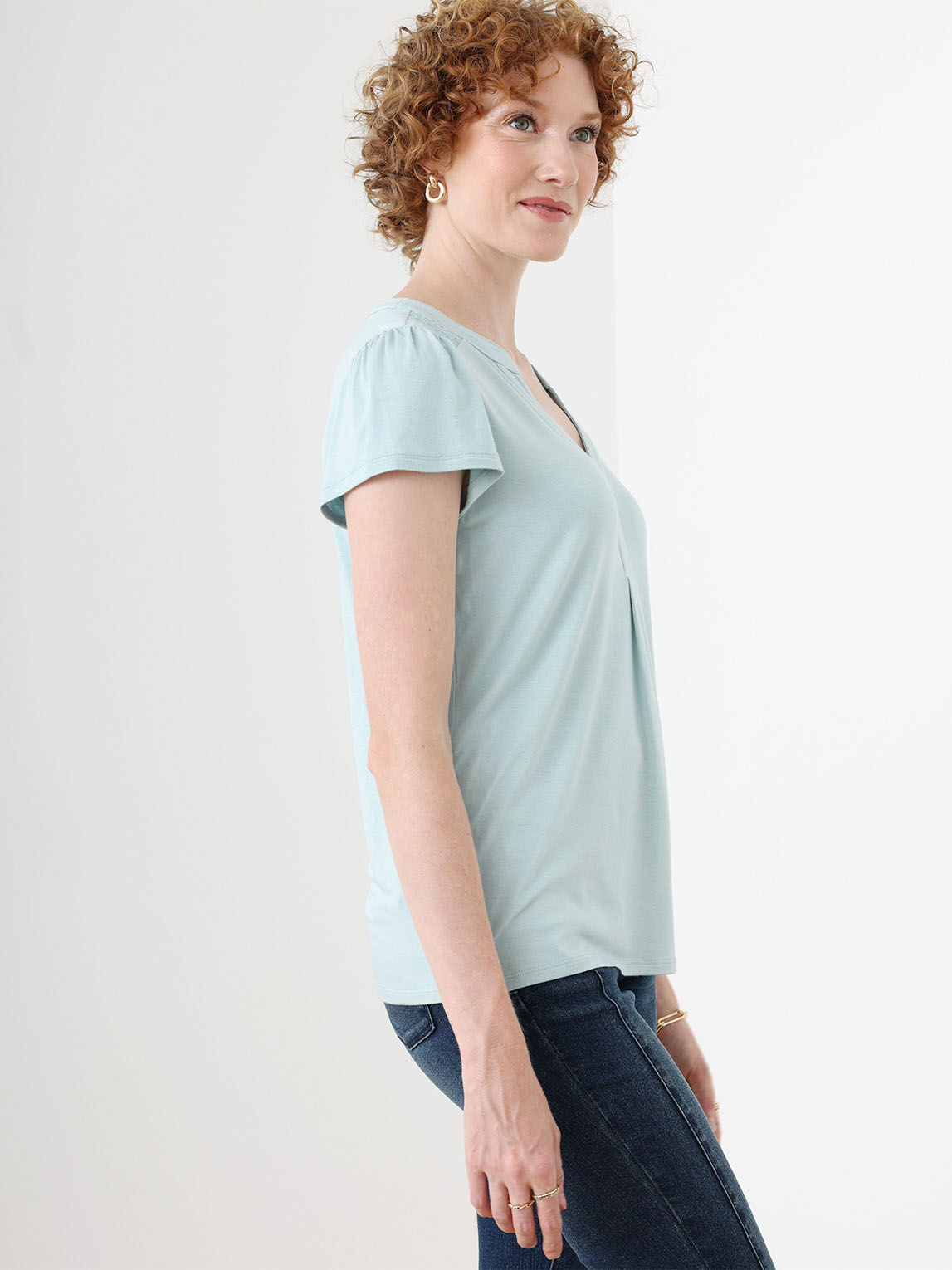 Y-Neck Short Sleeve Top Pique Knit