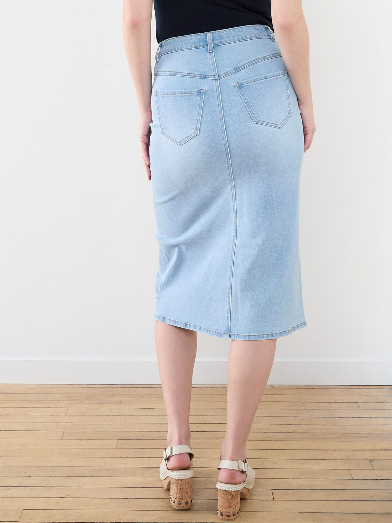 Mid Length Denim Skirt with Front Slit