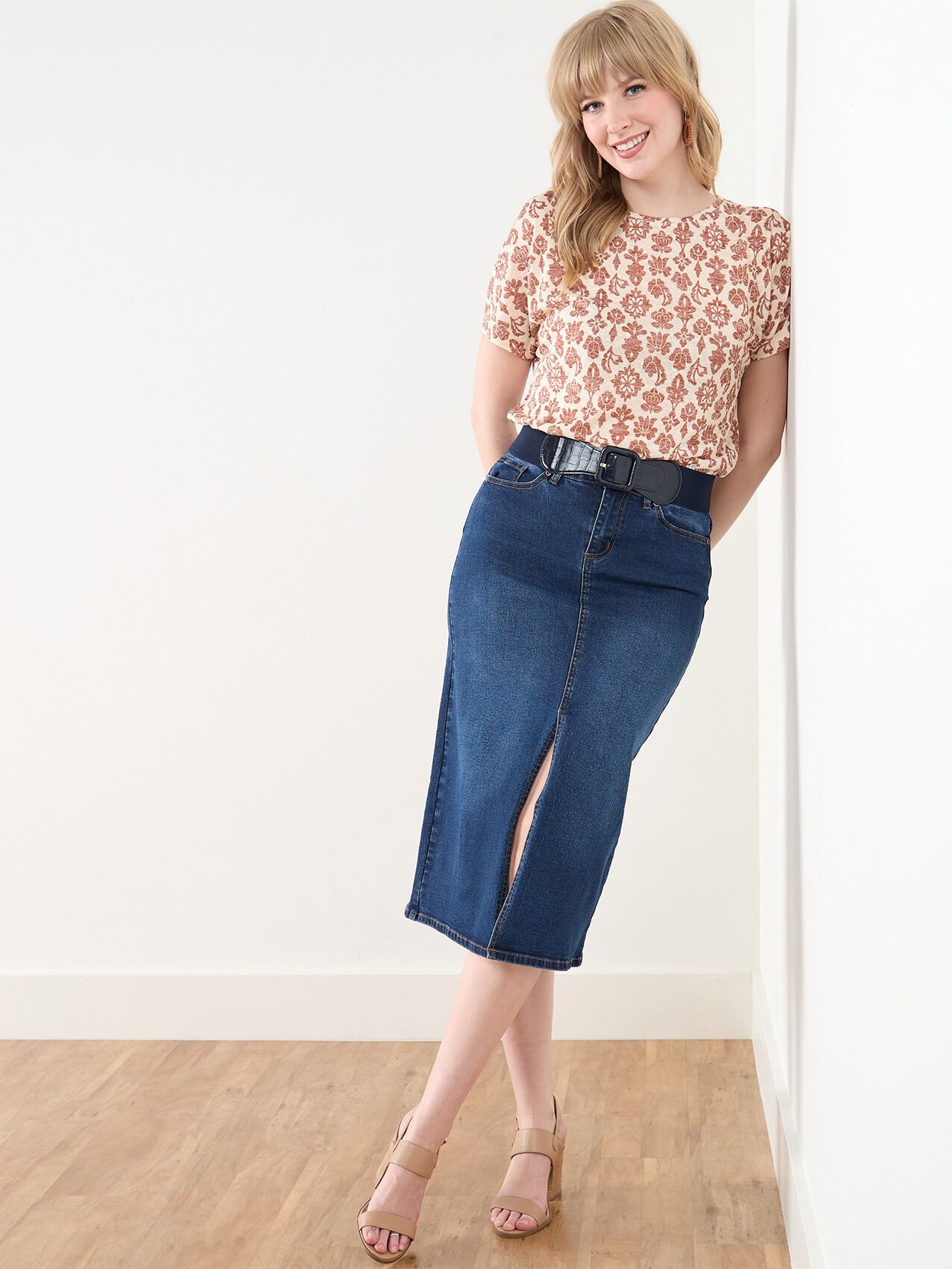 Dark Wash Denim Skirt with Front Slit