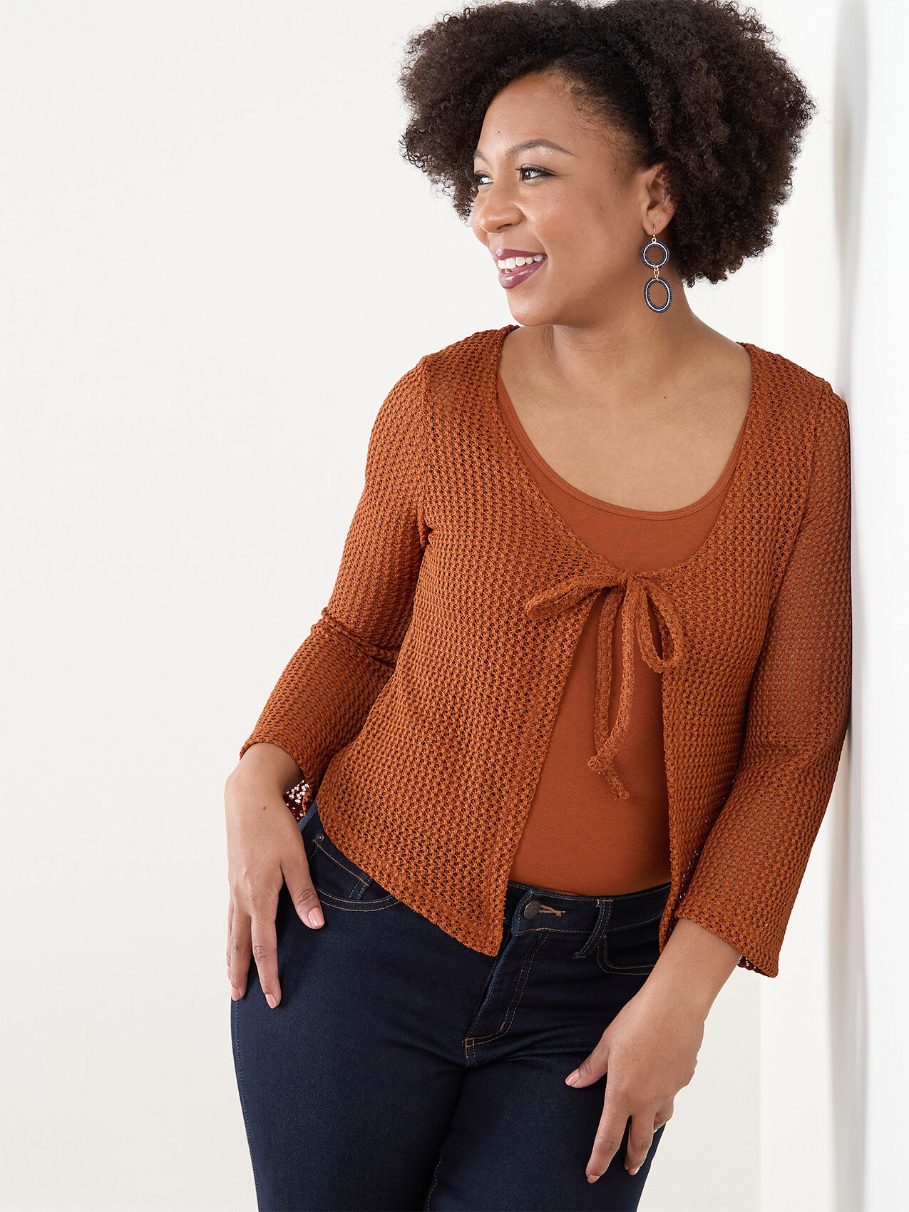 Petite Bell Sleeve Tie Front Crochet Top