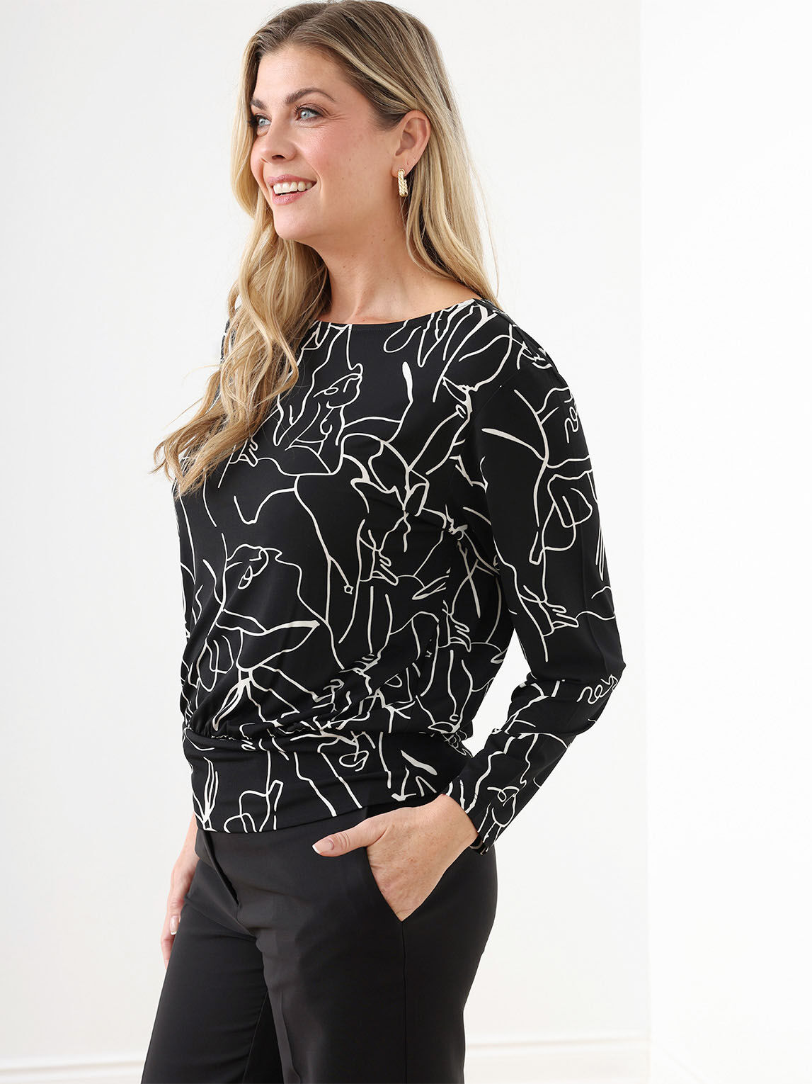 Long Sleeve Boat Neck Top with Banded Bottom