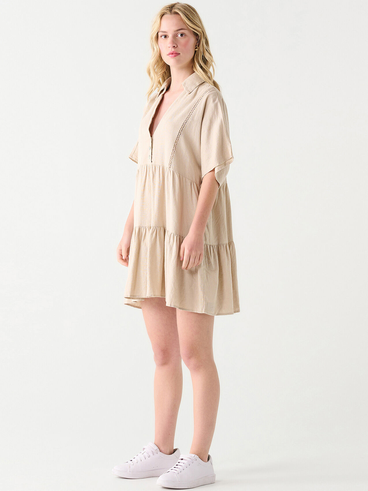 Linen Blend Mini Dress with Lace Trim