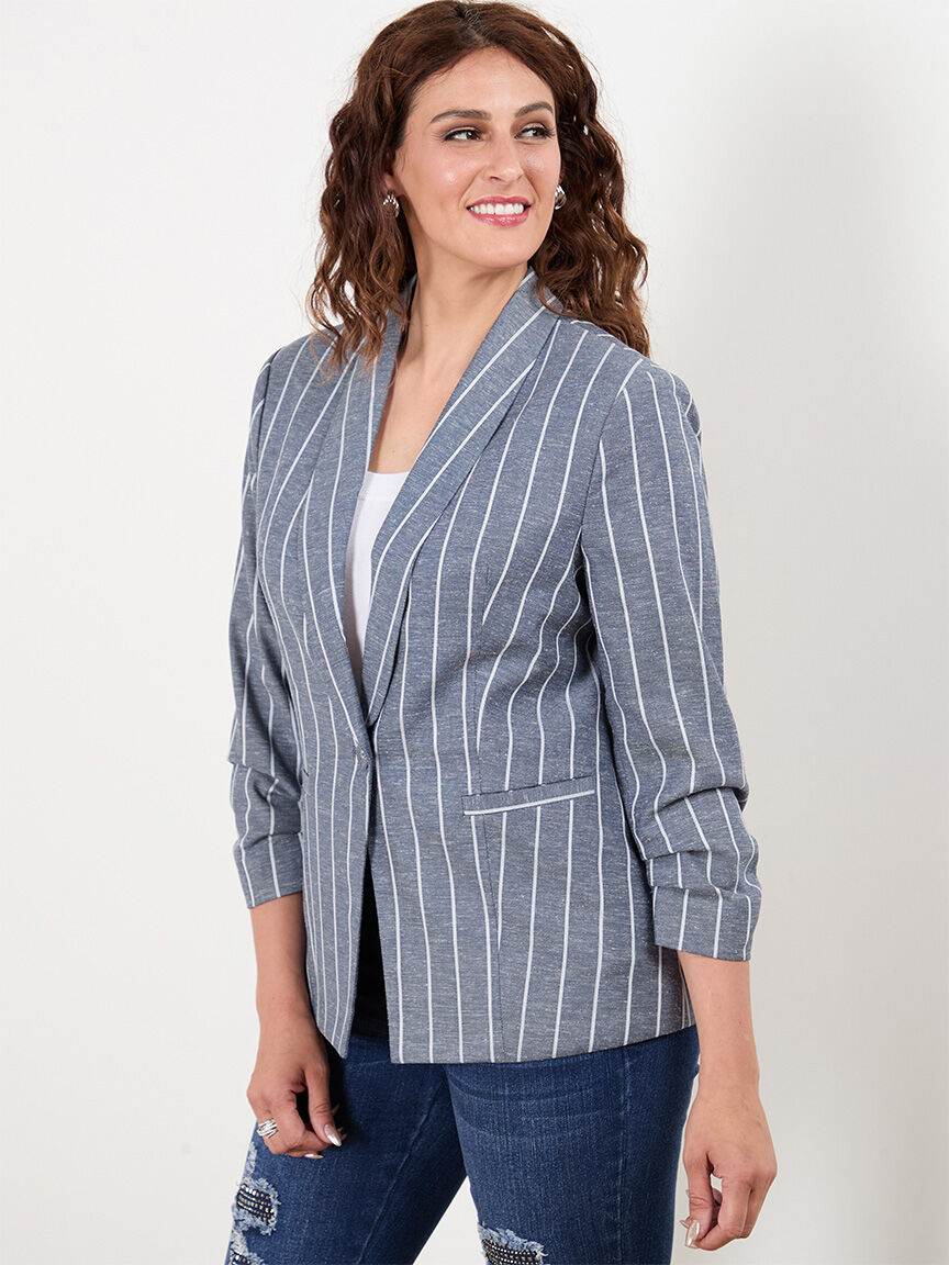 Chambray Ruche Sleeve Blazer